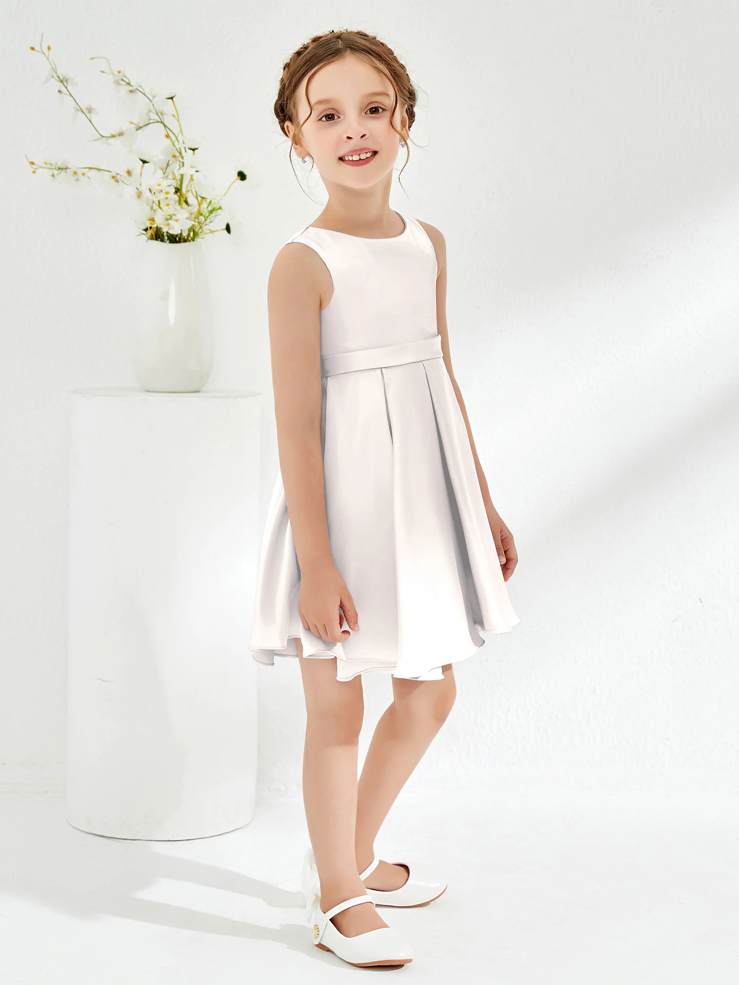 Cute Scoop Pleated Knee-Length Girl's Dress Ivory - Image 3