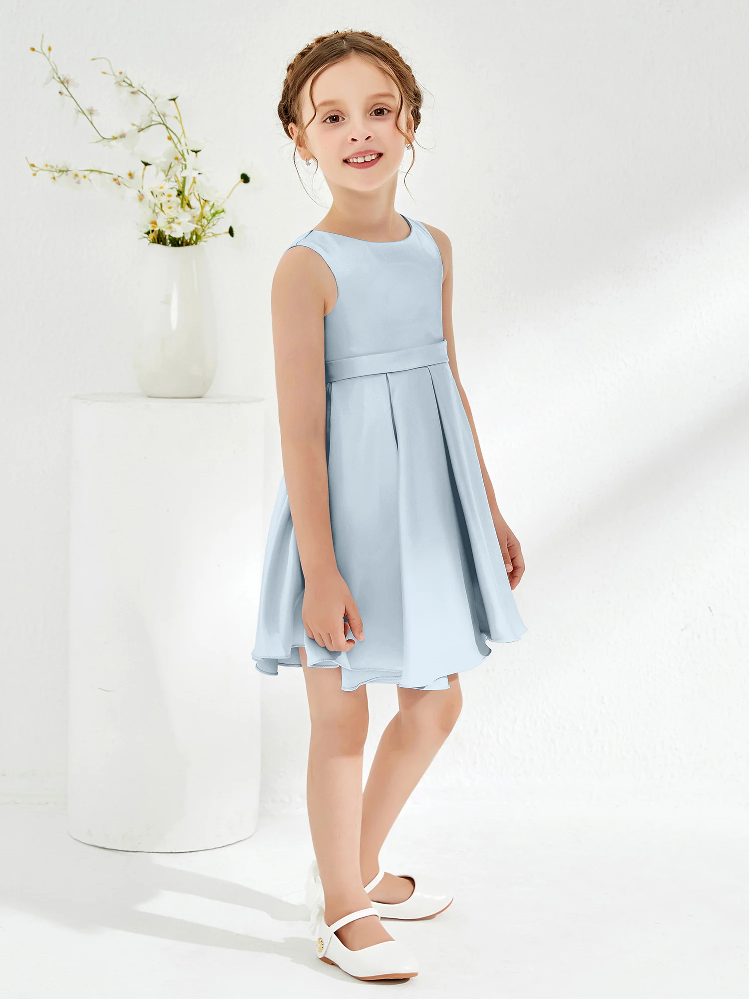 Cute Scoop Pleated Knee-Length Girl's Dress Mist - Image 3