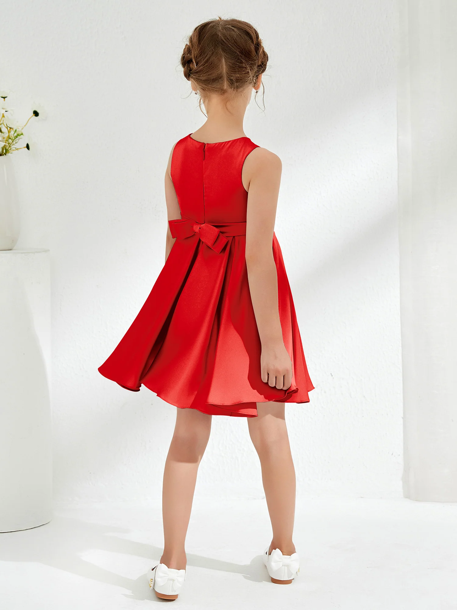 Cute Scoop Pleated Knee-Length Girl's Dress Red - Image 2