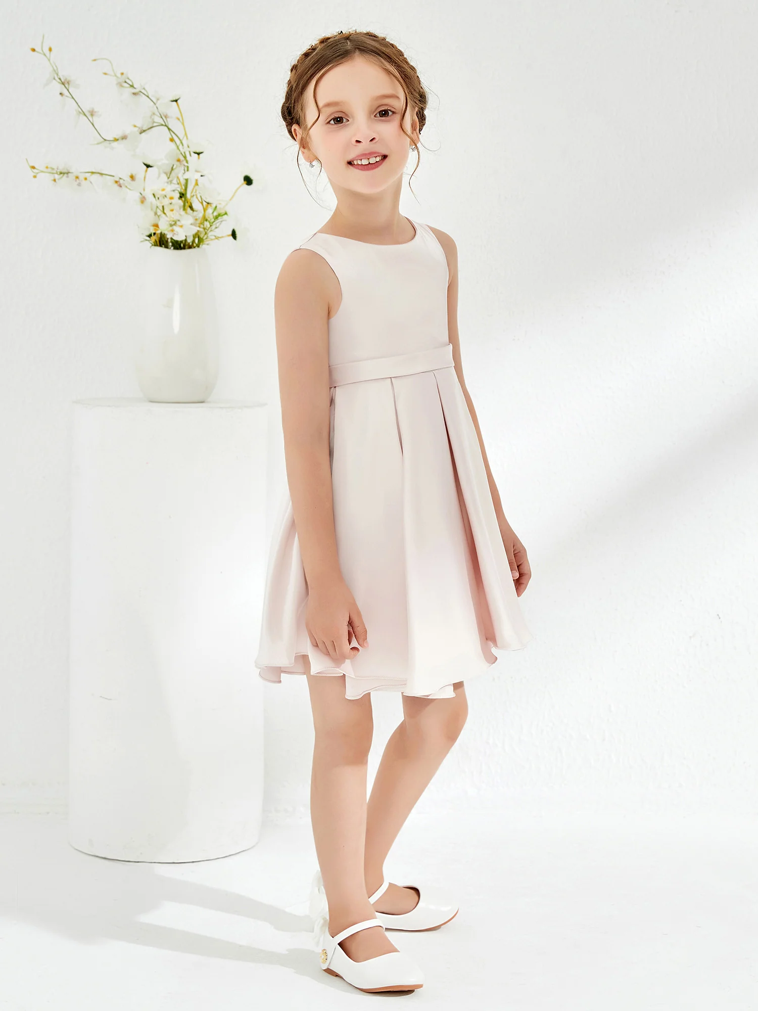 Cute Scoop Pleated Knee-Length Girl's Dress Rose Petal - Image 3