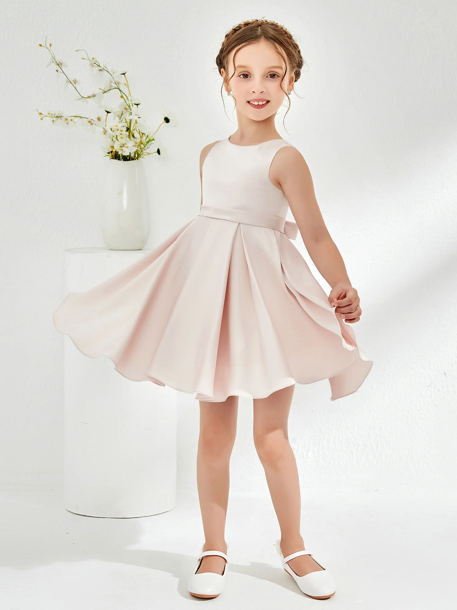 Cute Scoop Pleated Knee-Length Girl's Dress Rose Petal - Image 4