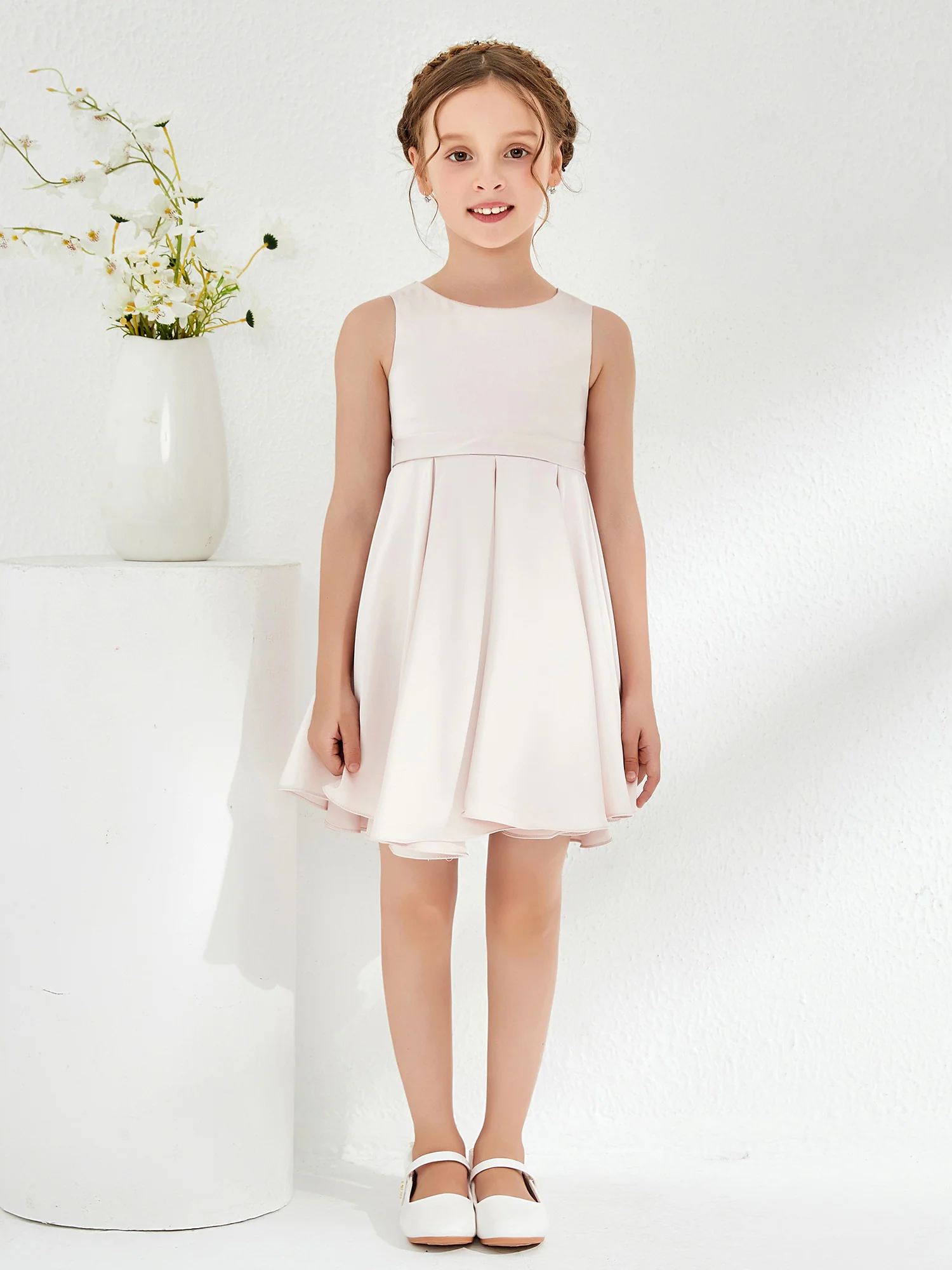 Cute Scoop Pleated Knee-Length Girl's Dress Rose Petal - Image 5
