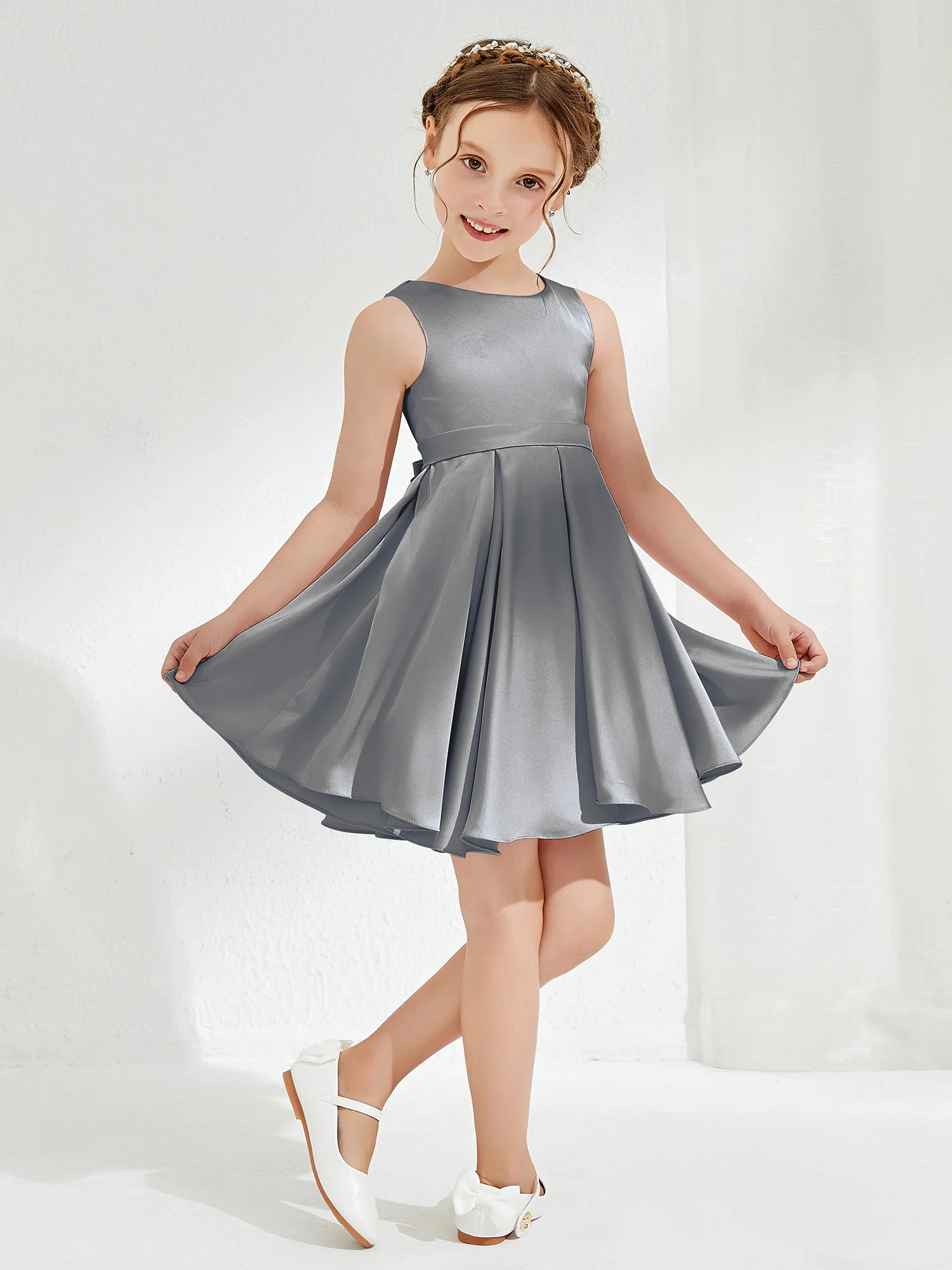 Cute Scoop Pleated Knee-Length Girl's Dress Steel Grey