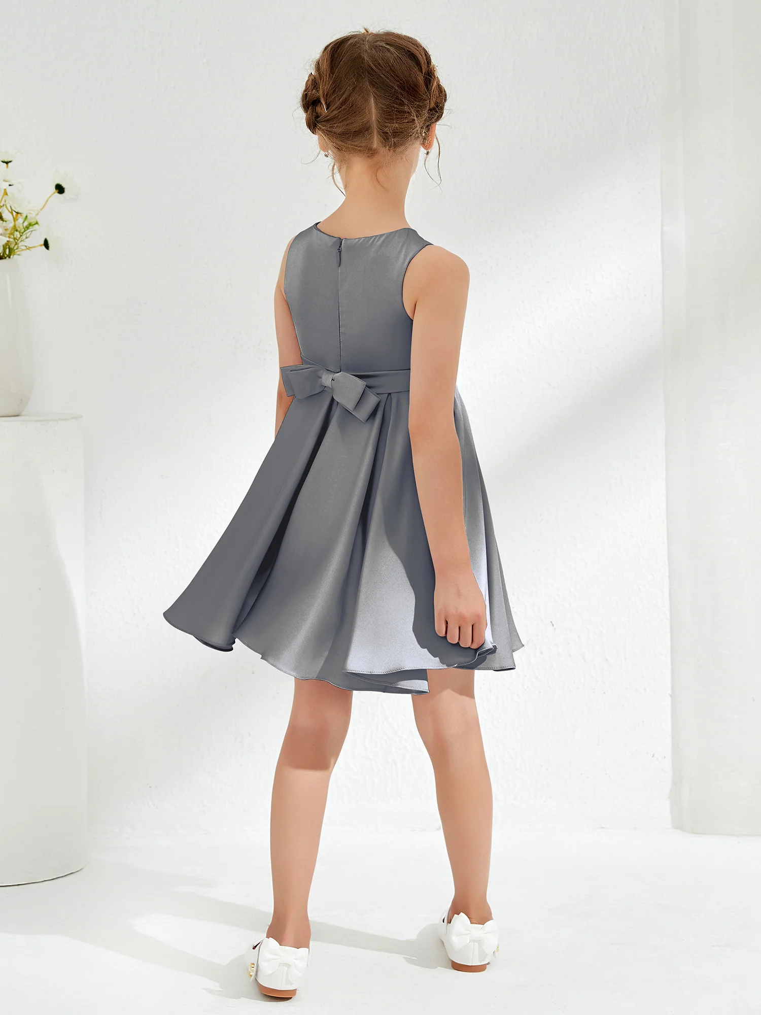 Cute Scoop Pleated Knee-Length Girl's Dress Steel Grey - Image 2
