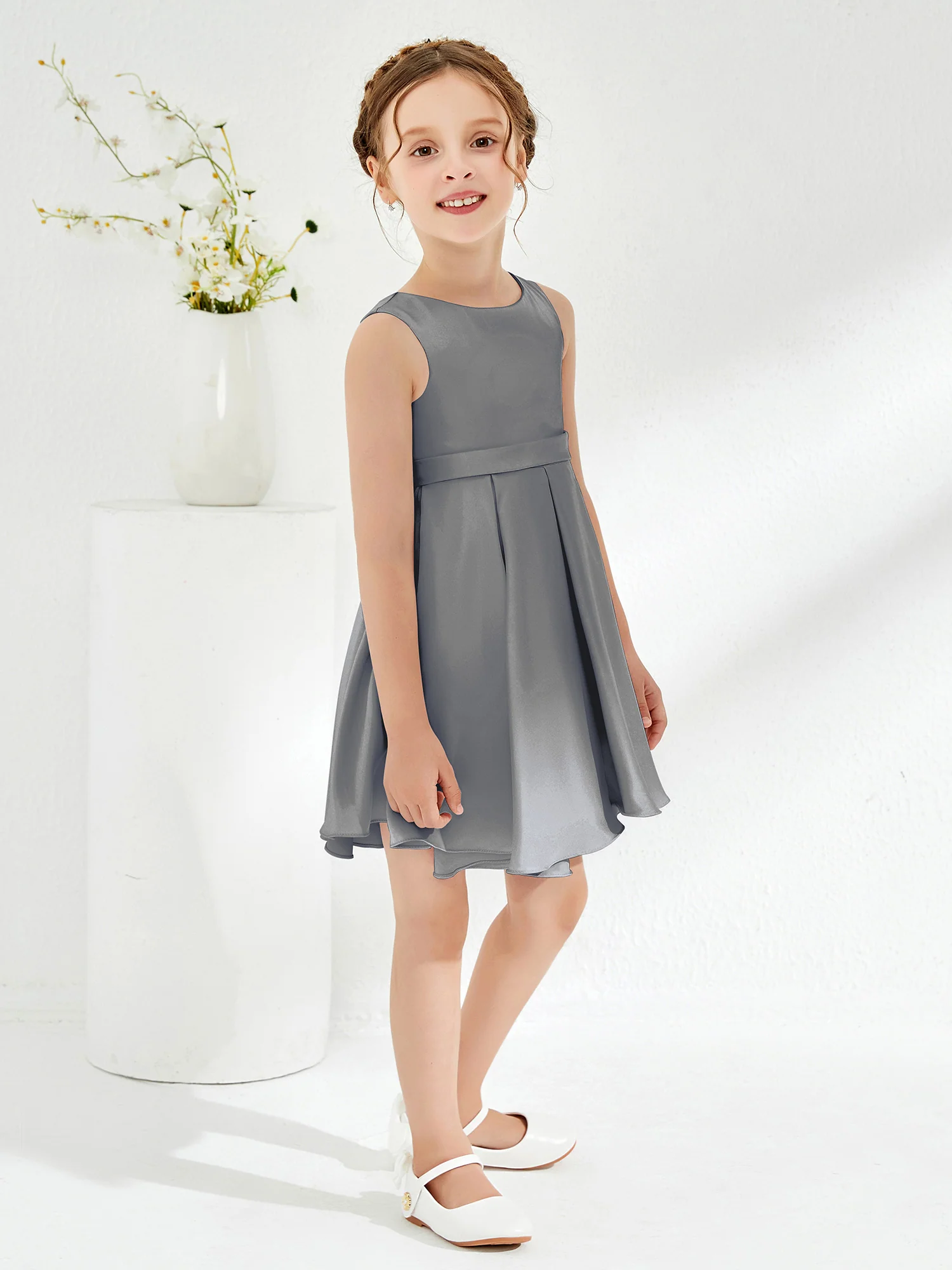 Cute Scoop Pleated Knee-Length Girl's Dress Steel Grey - Image 3