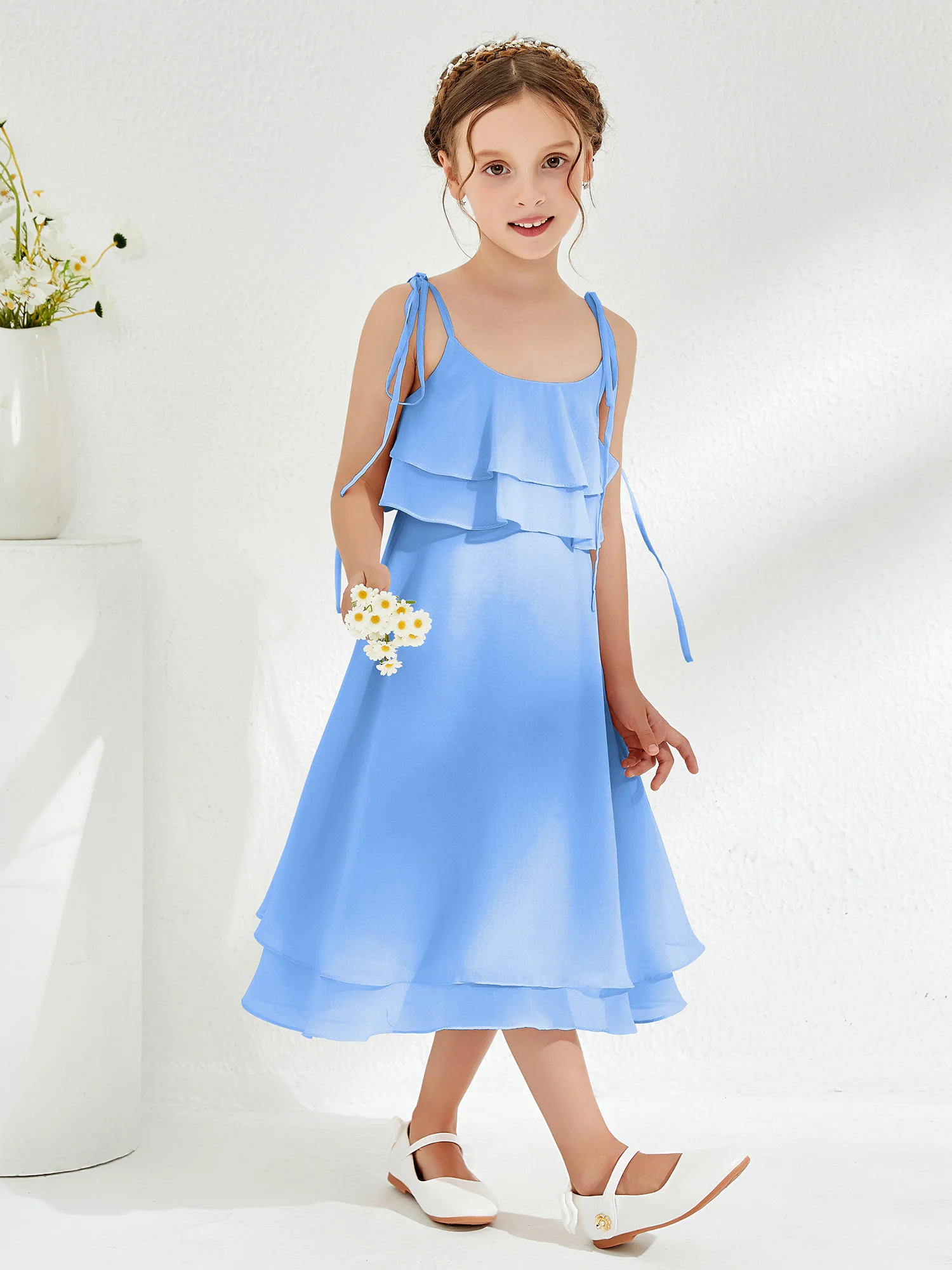 Cute Two Layers Ruffles Junior Bridesmaid Dresses Blue - Image 3