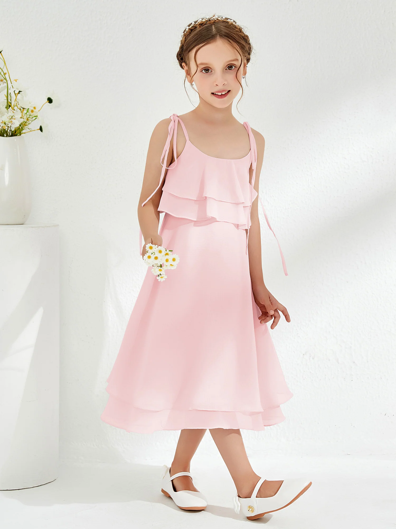 Cute Two Layers Ruffles Junior Bridesmaid Dresses Blushing Pink - Image 3