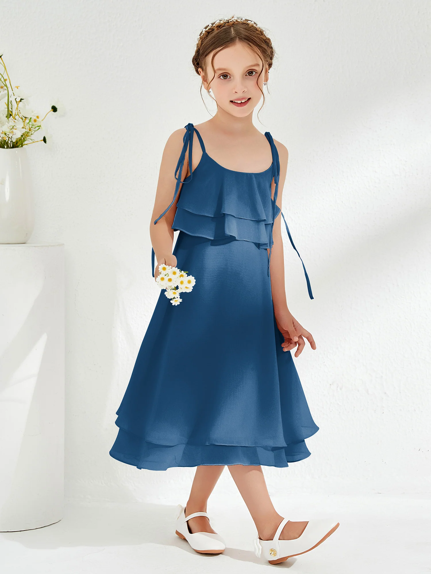 Cute Two Layers Ruffles Junior Bridesmaid Dresses Ink Blue - Image 3