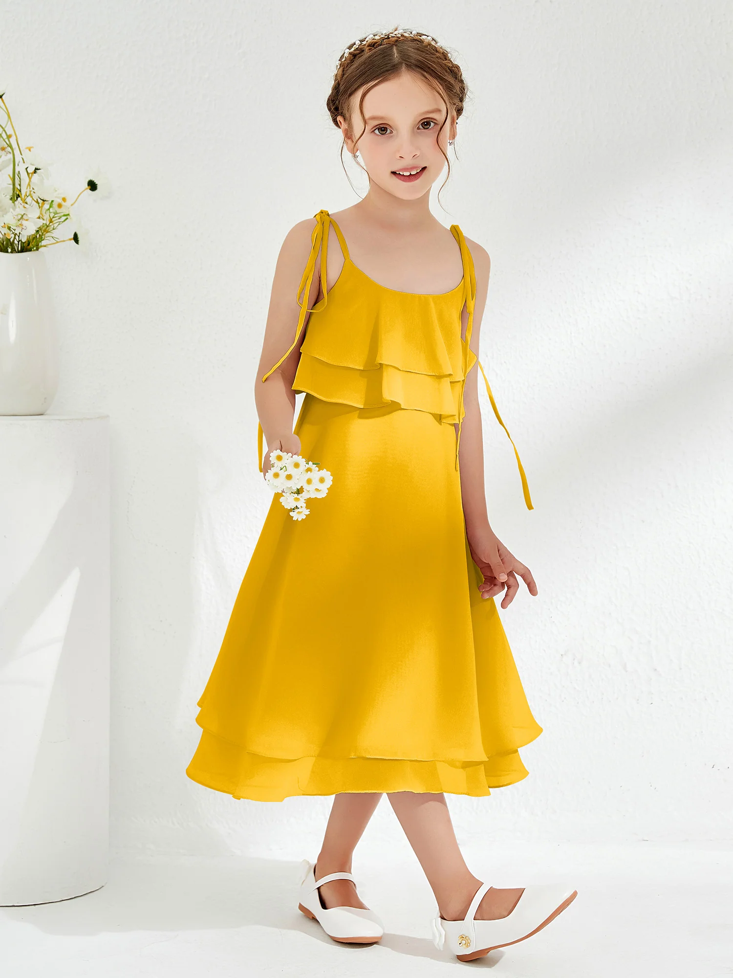 Cute Two Layers Ruffles Junior Bridesmaid Dresses Marigold - Image 3