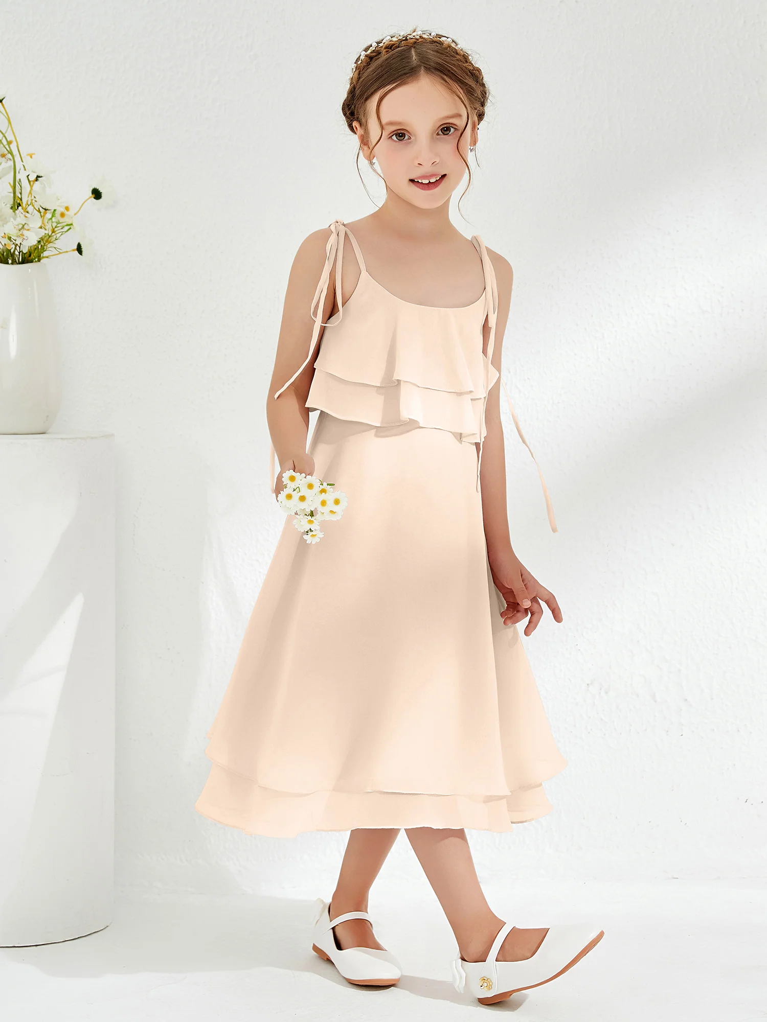 Cute Two Layers Ruffles Junior Bridesmaid Dresses Peach - Image 3