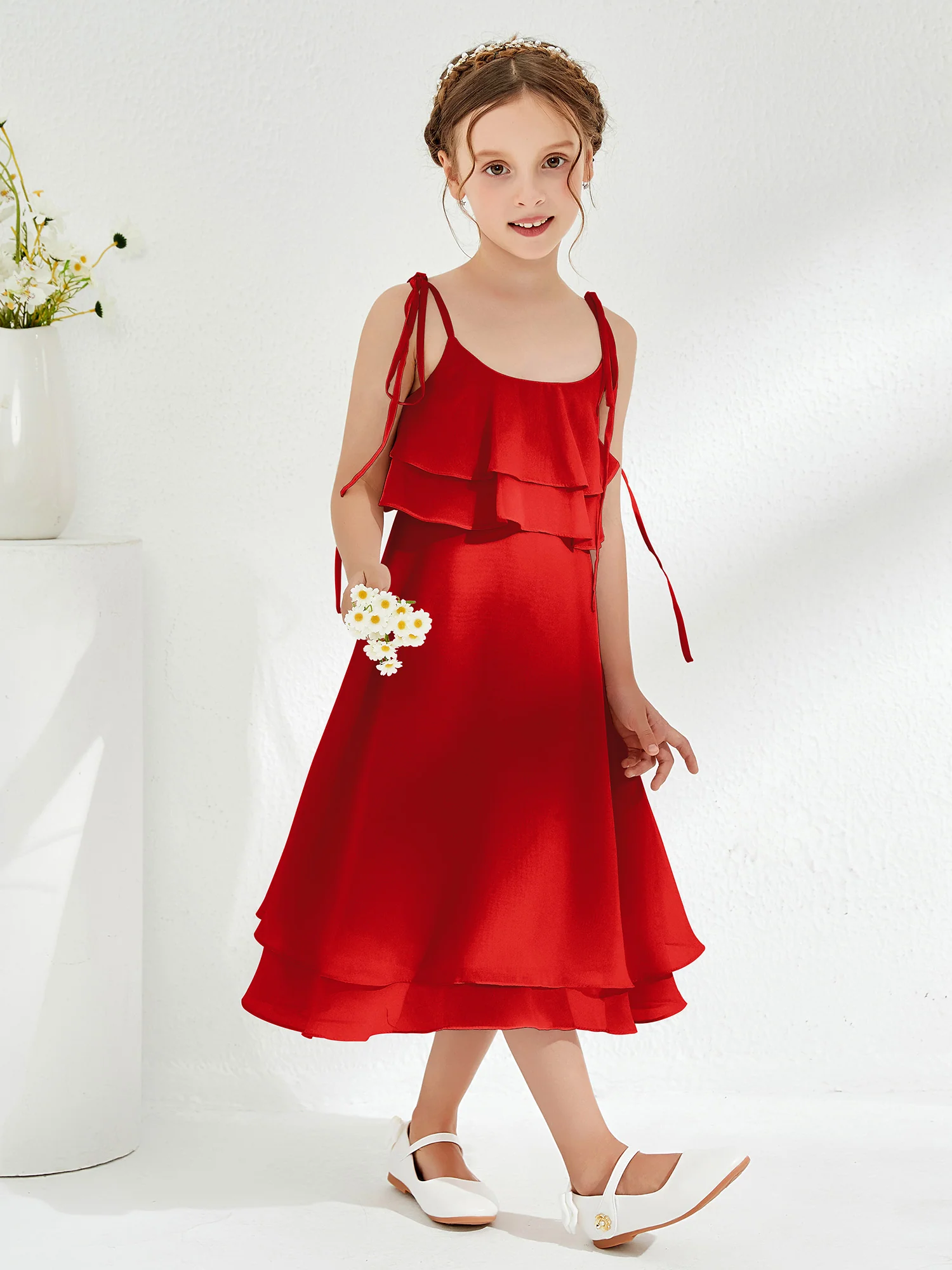 Cute Two Layers Ruffles Junior Bridesmaid Dresses Red - Image 3
