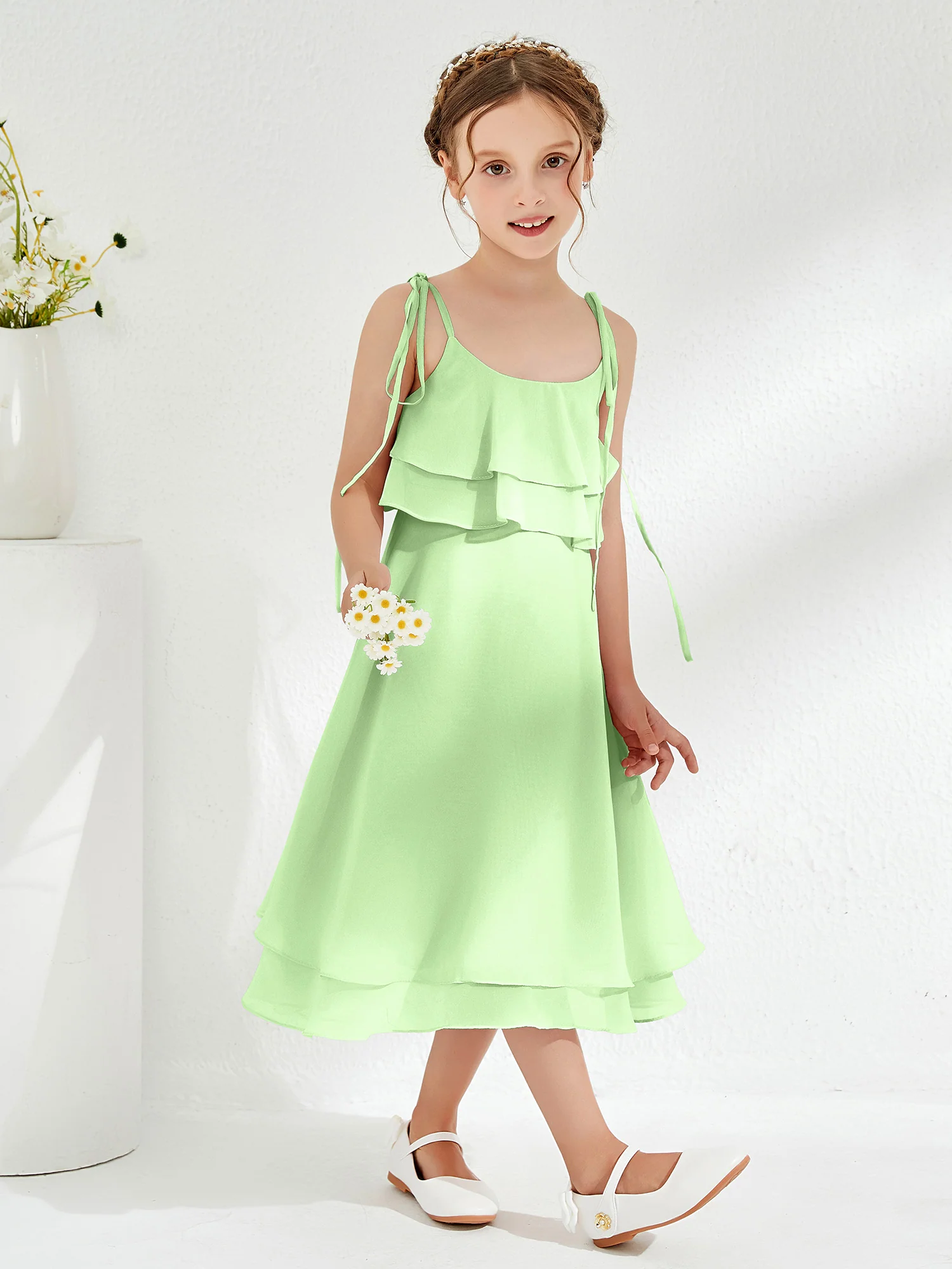 Cute Two Layers Ruffles Junior Bridesmaid Dresses Sage - Image 3