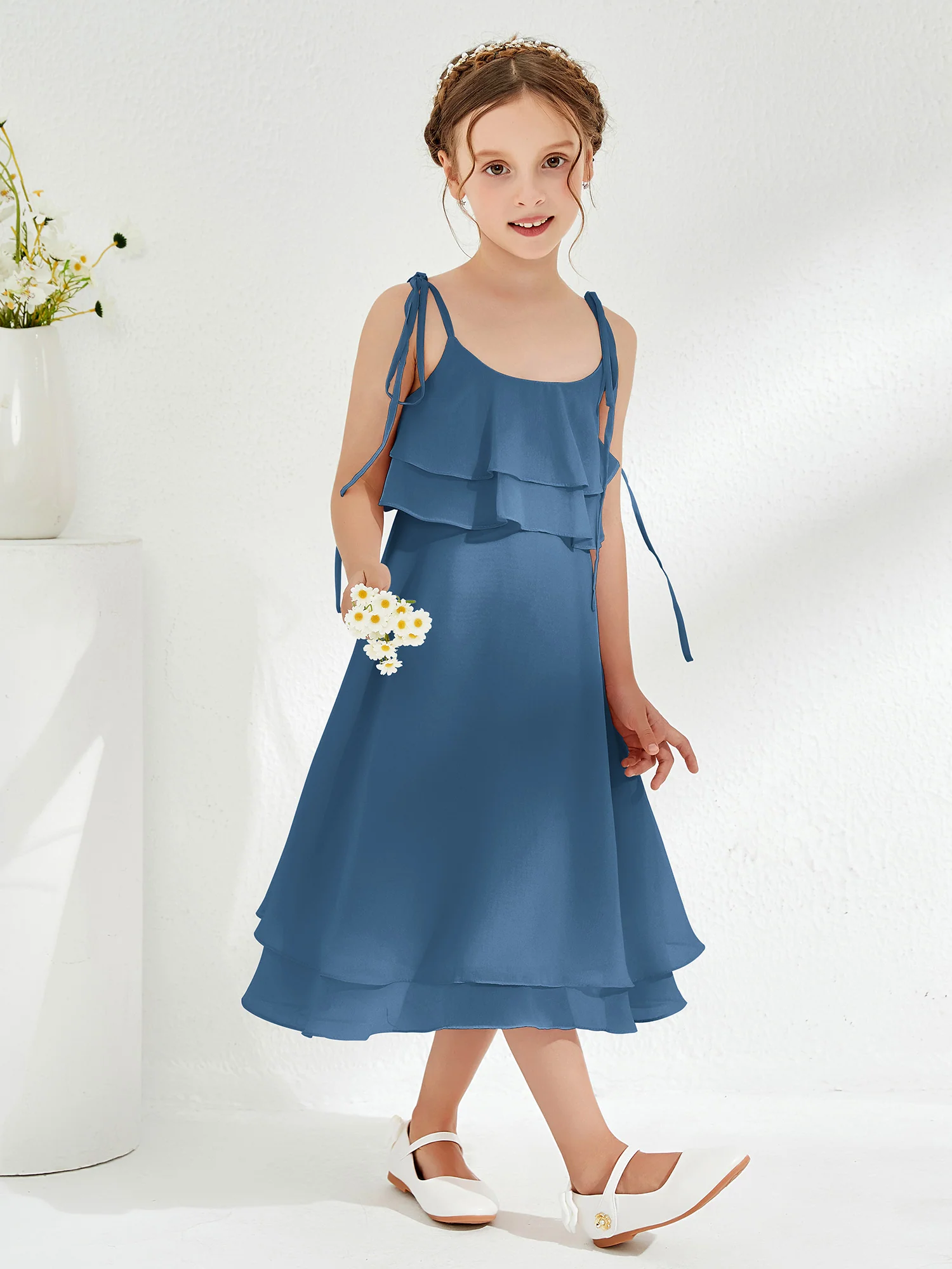 Cute Two Layers Ruffles Junior Bridesmaid Dresses Slate Blue - Image 3