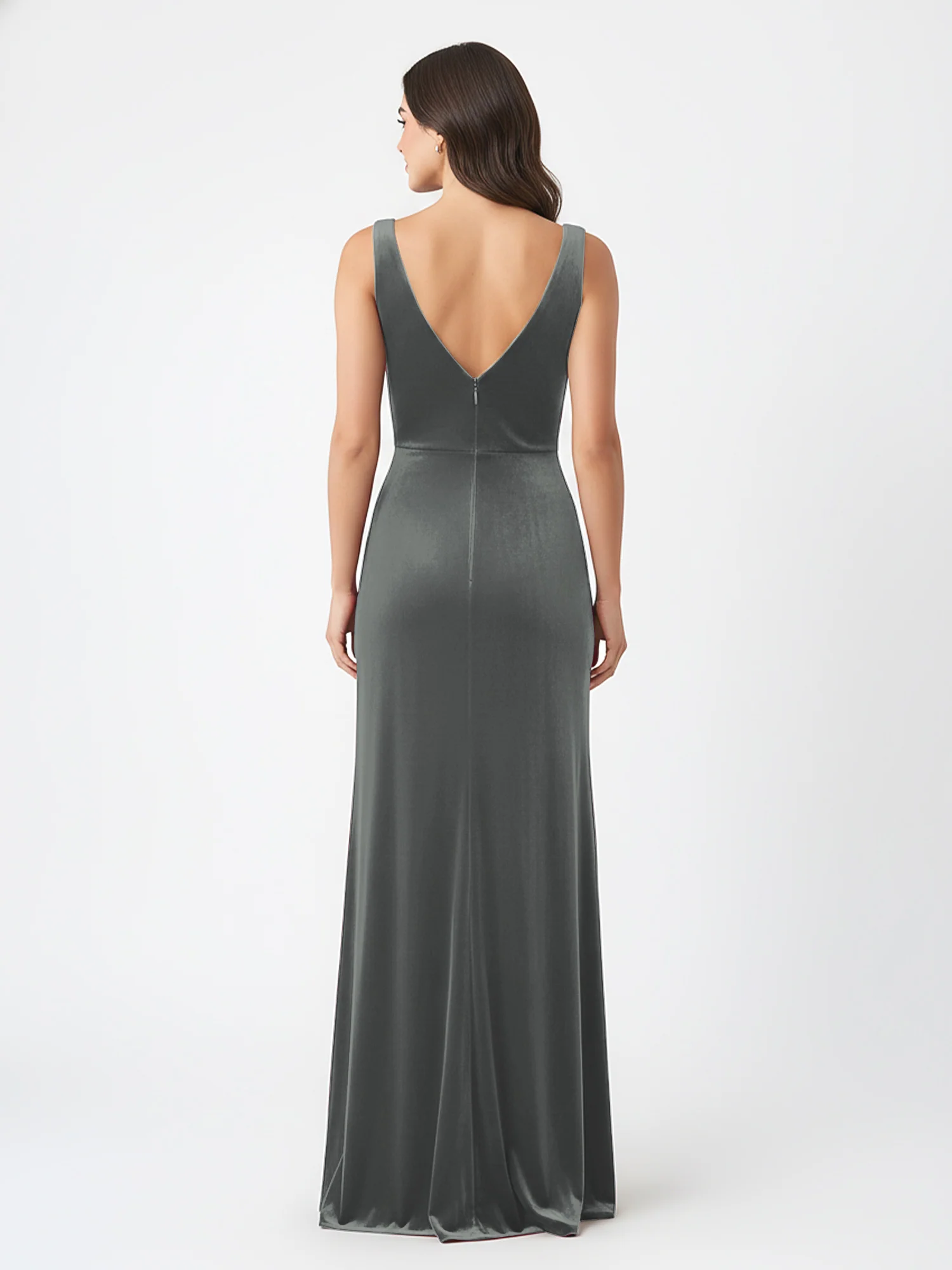 Sheath Deep V-Neck Sleeveless Velvet Dresses Steel Grey - Image 2