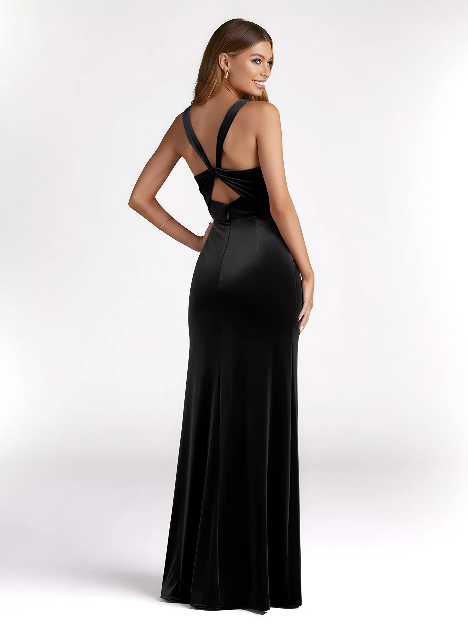 Sheath Square Neck Velvet Pleated Dresses With Slit Black - Image 2