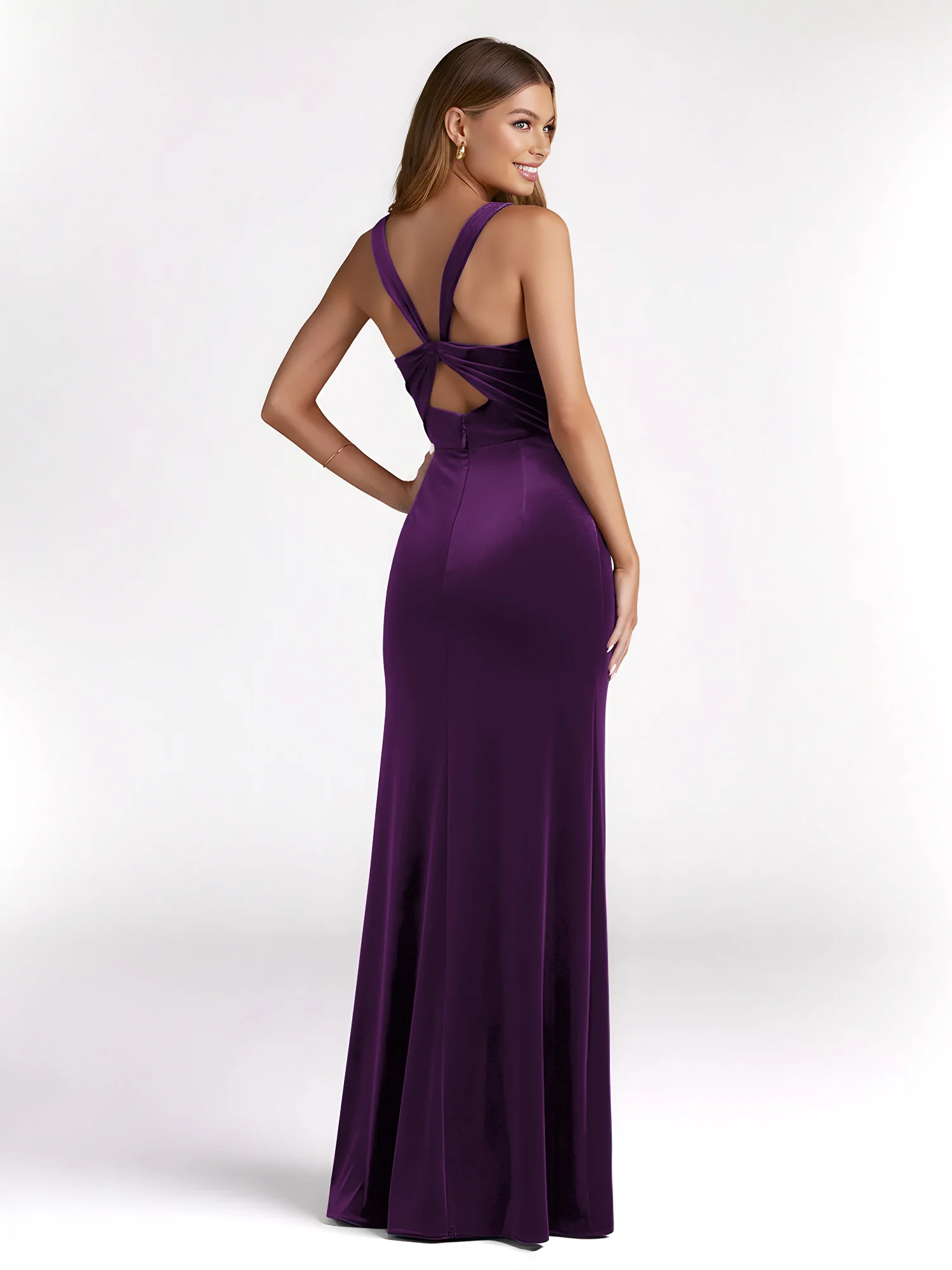 Sheath Square Neck Velvet Pleated Dresses With Slit Grape - Image 2