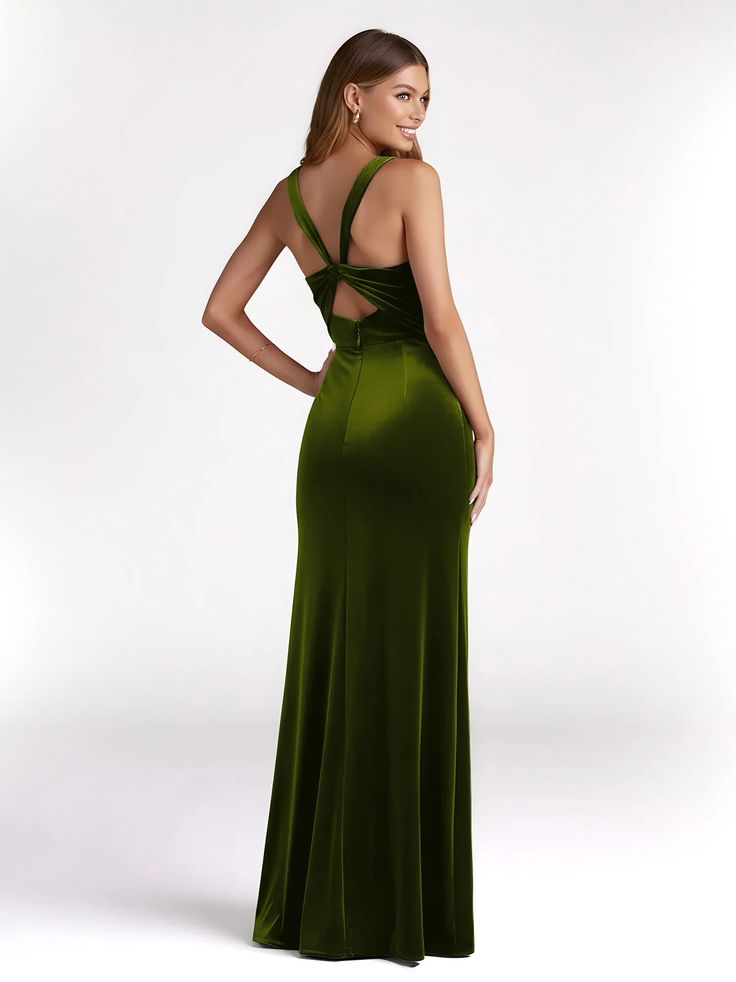 Sheath Square Neck Velvet Pleated Dresses With Slit Olive Green - Image 2