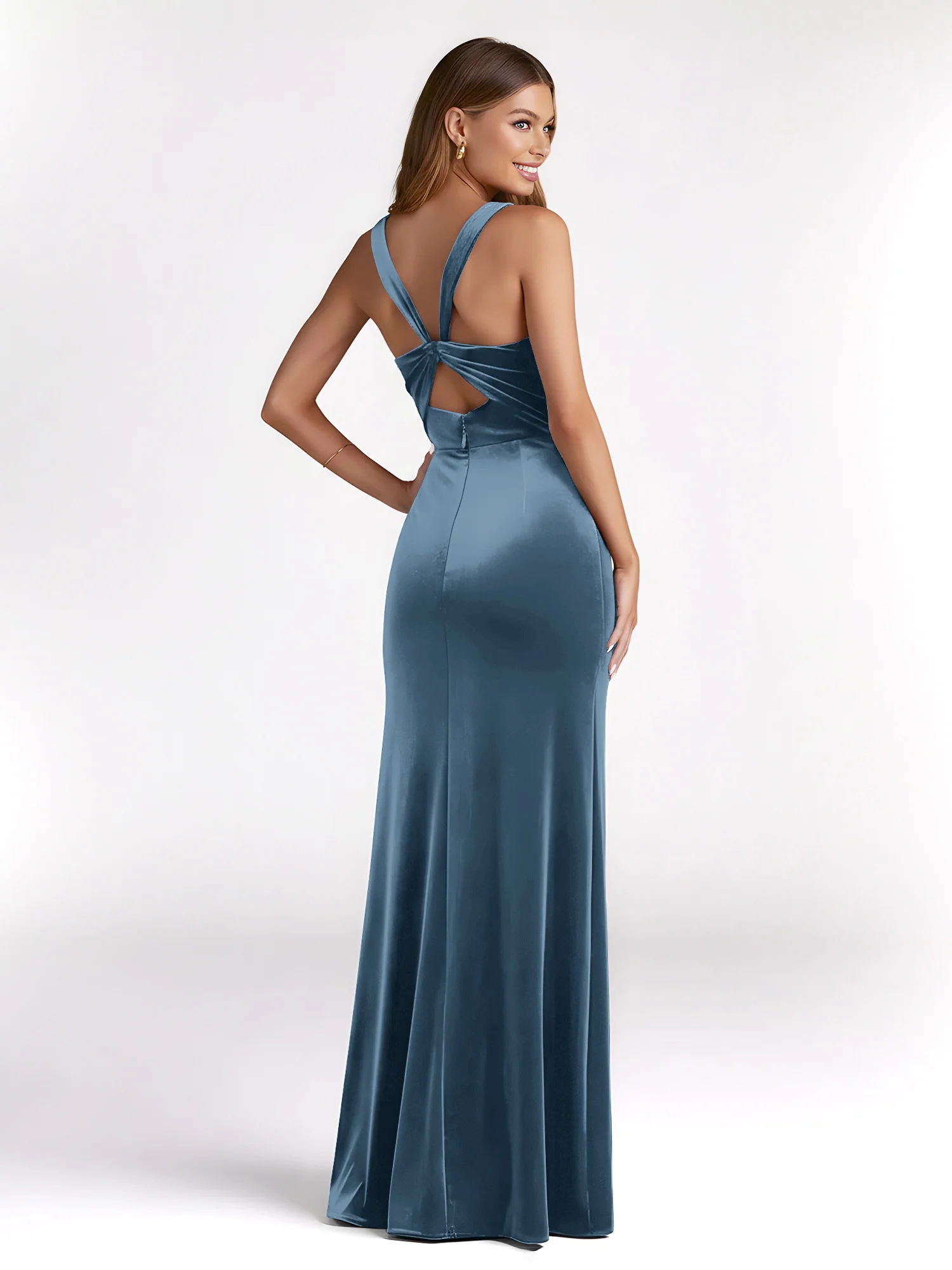 Sheath Square Neck Velvet Pleated Dresses With Slit Slate Blue - Image 2
