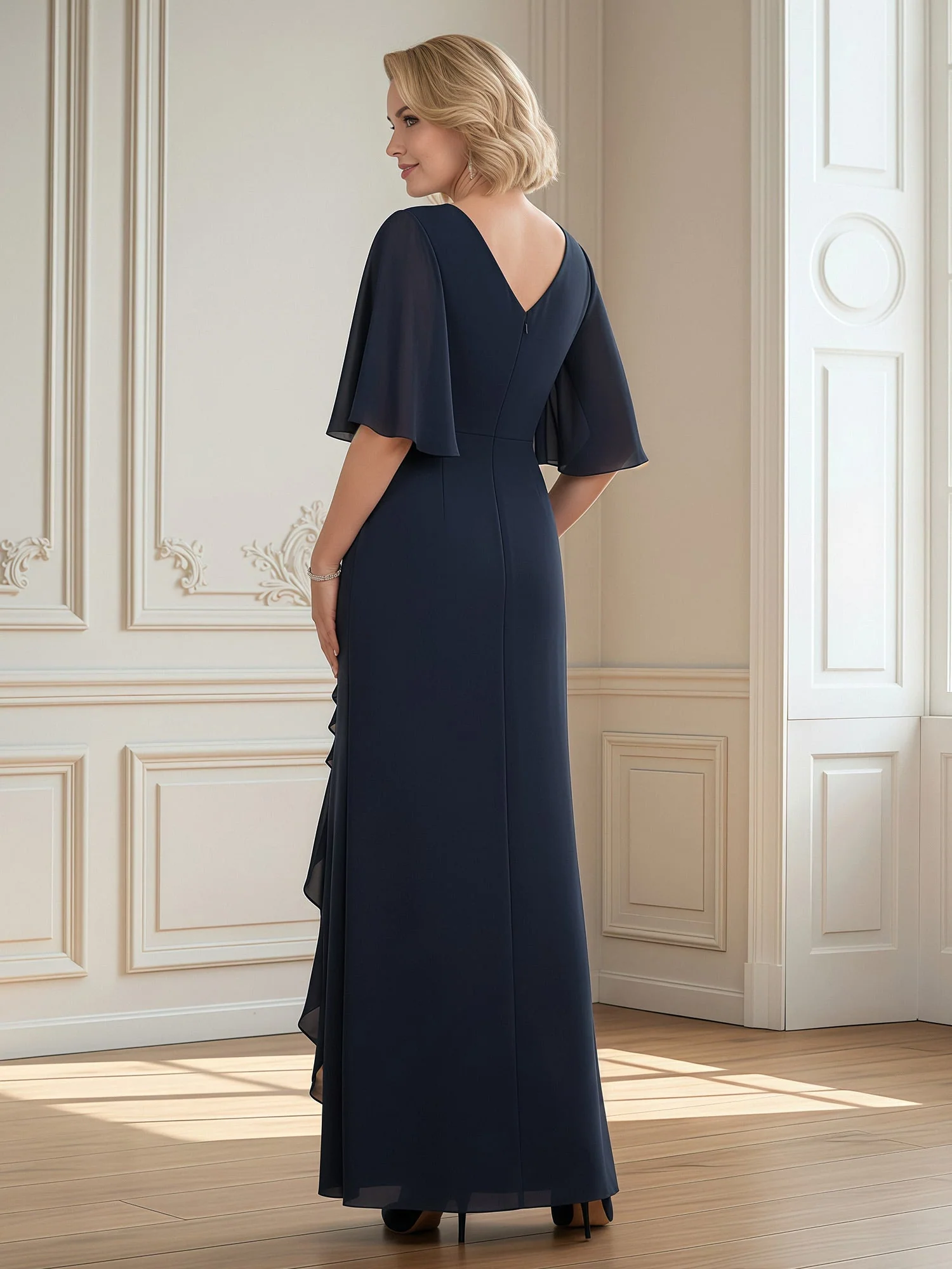 Flutter Sleeves Pleated Ruffle Long Dress With Slit Papaya - Image 2