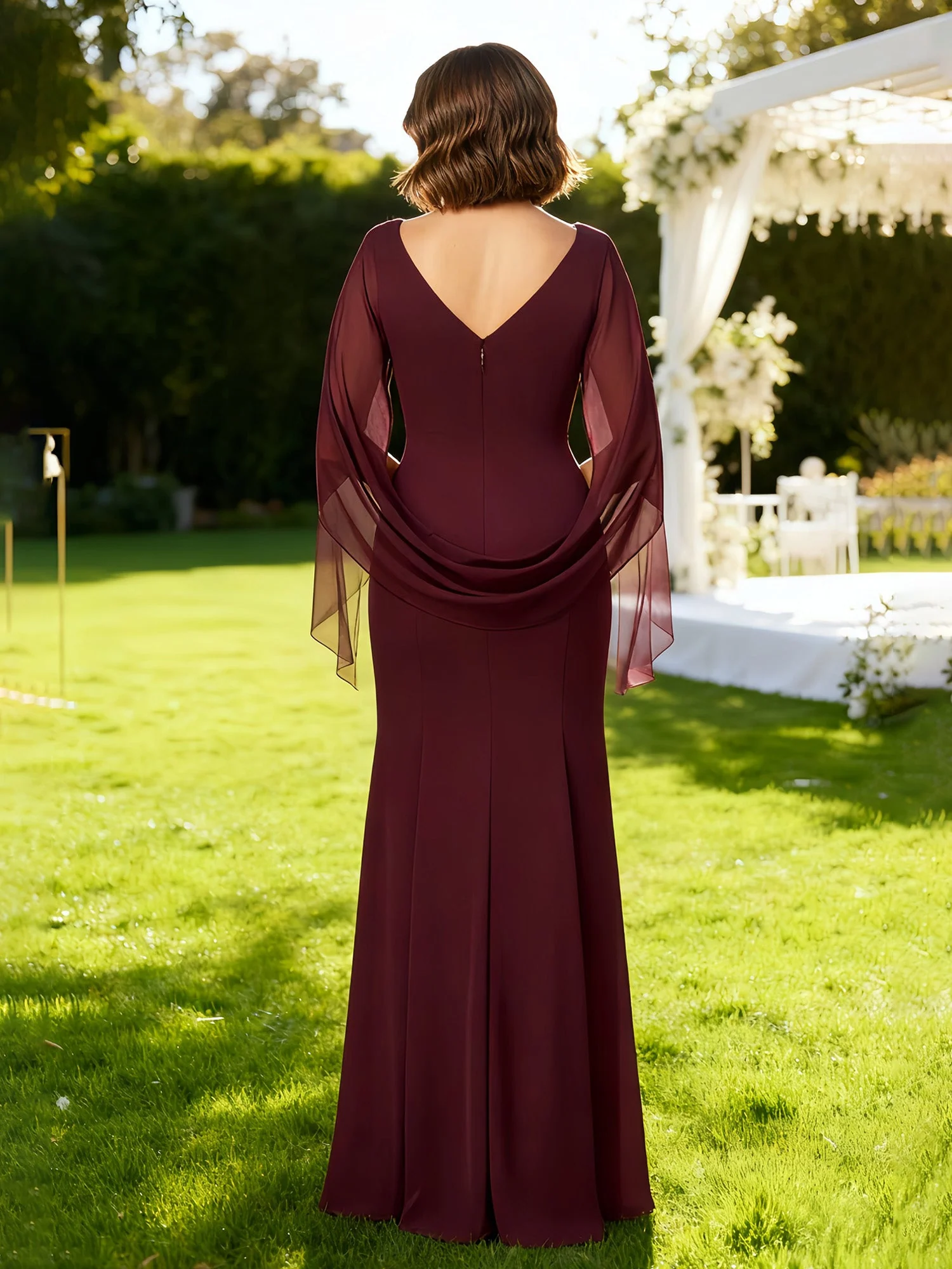 Bateau Neck Cape Sheath Floor-length Dress Silver - Image 2