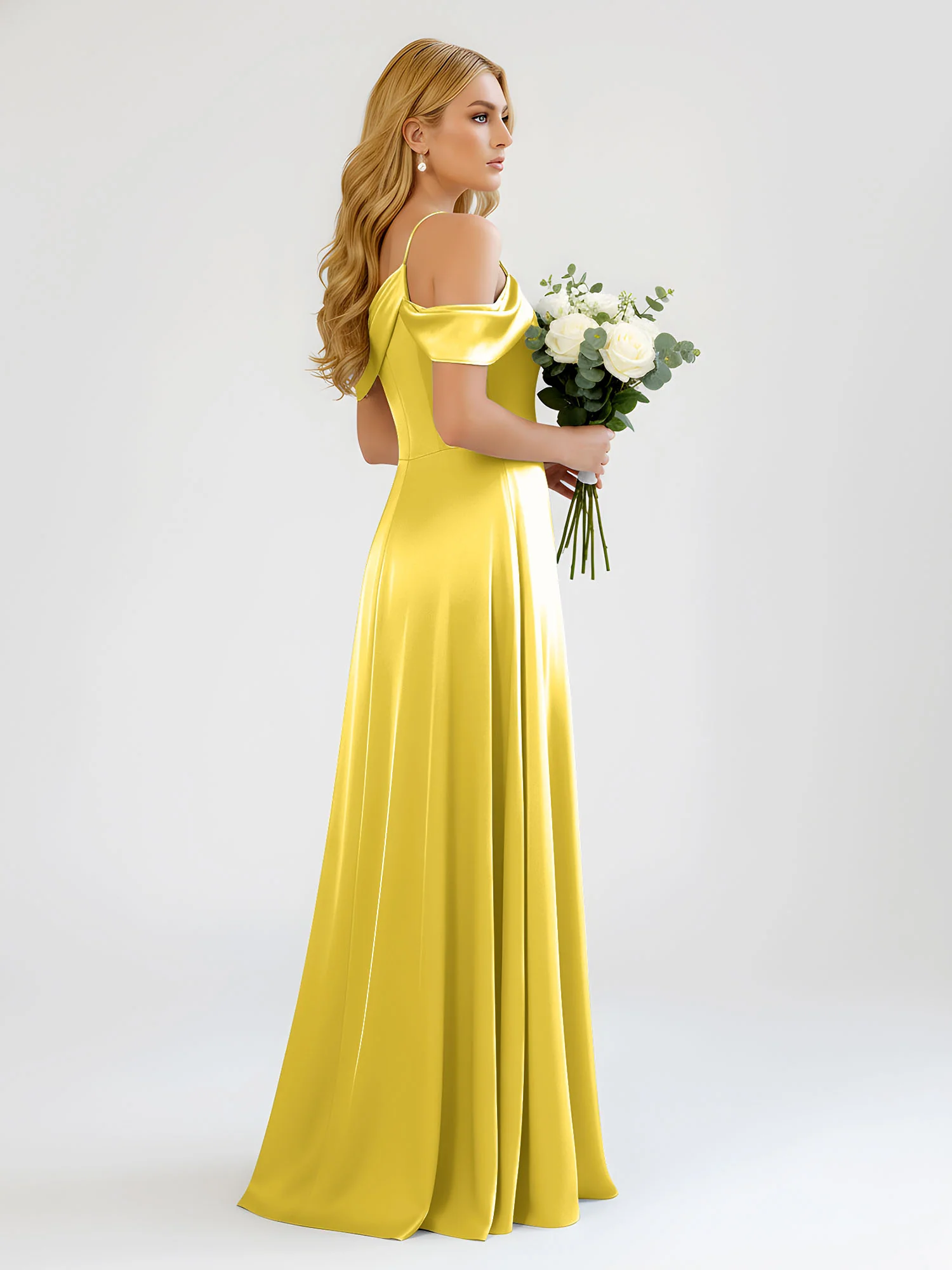 One-Shoulder Drape Satin Slit A-Line Gown Marigold - Image 2