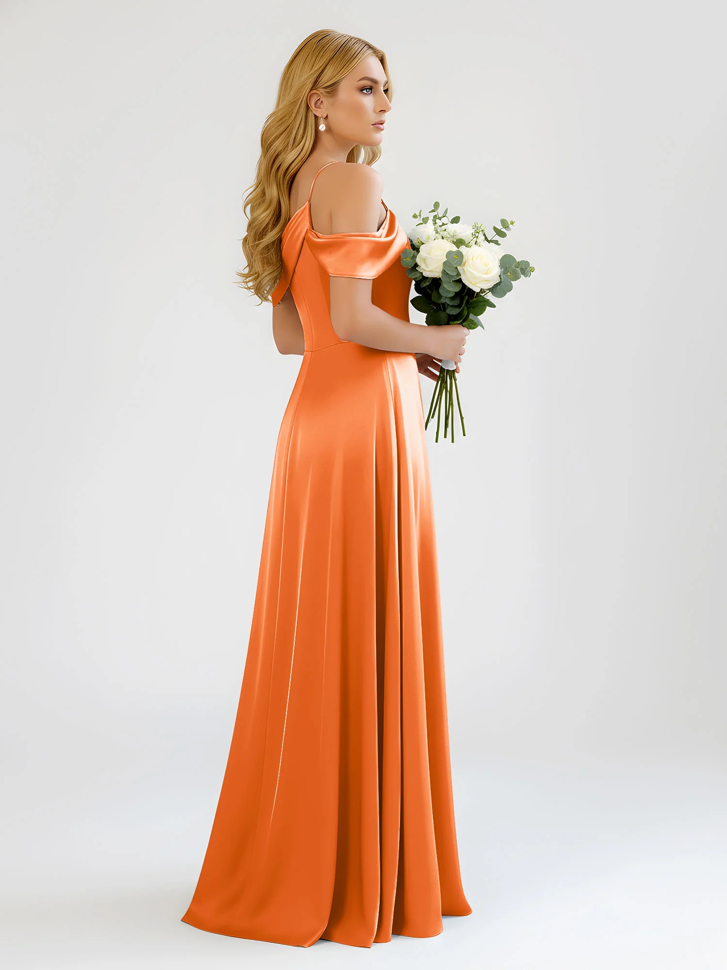 One-Shoulder Drape Satin Slit A-Line Gown Orange - Image 2