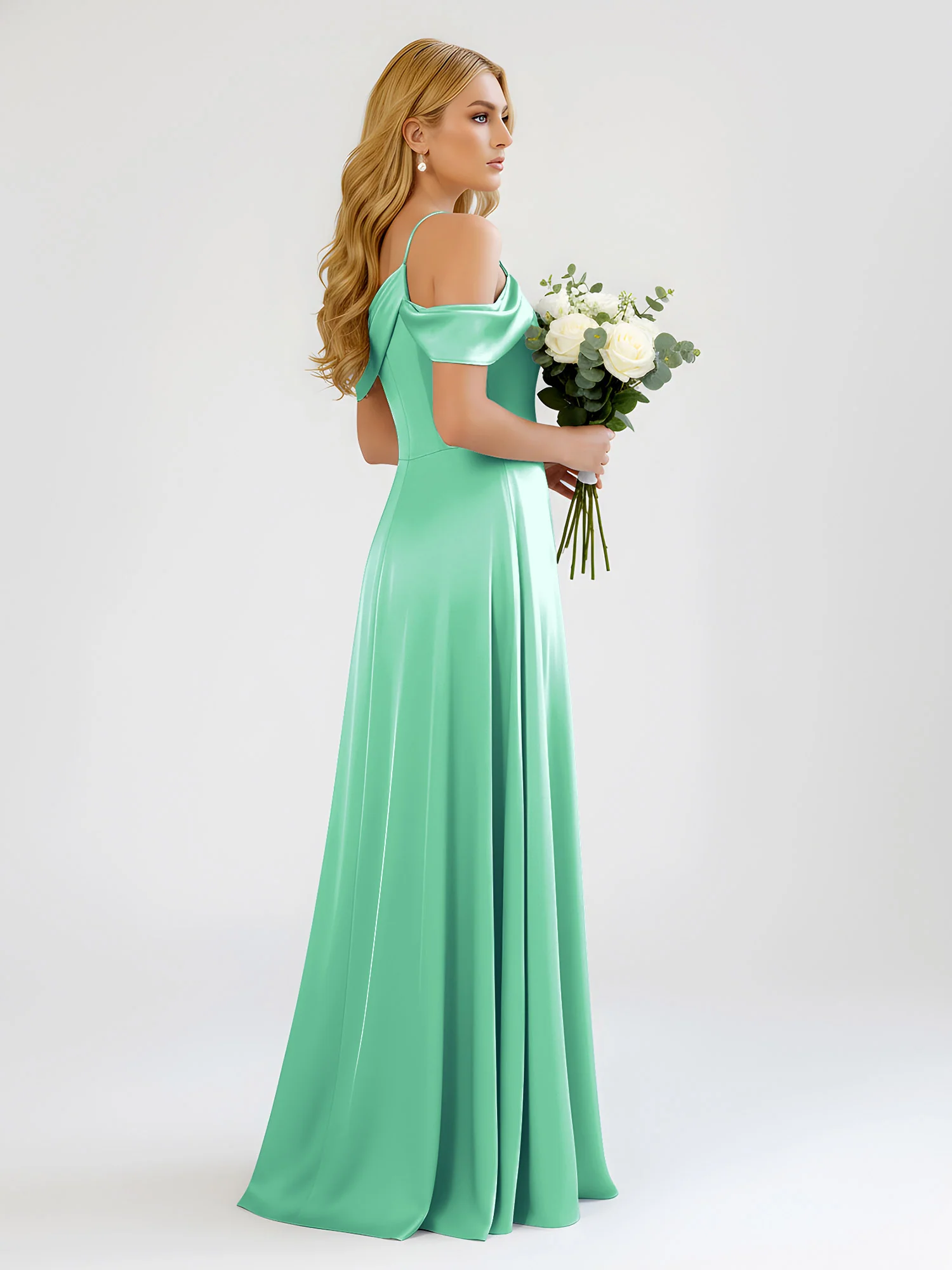 One-Shoulder Drape Satin Slit A-Line Gown Turquoise - Image 2