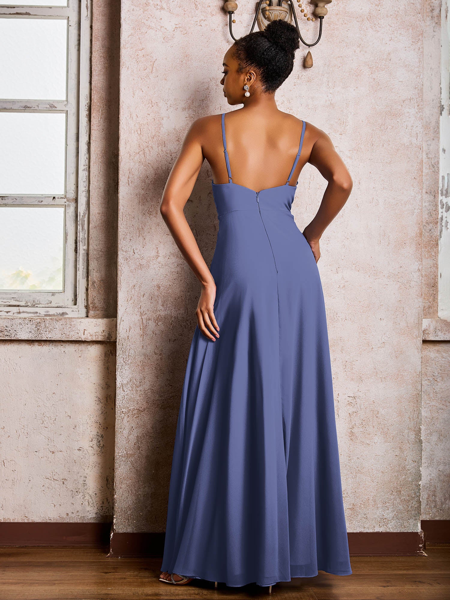 Deep V-neck Slit Chiffon Dresses With Spaghetti Straps Periwinkle - Image 2
