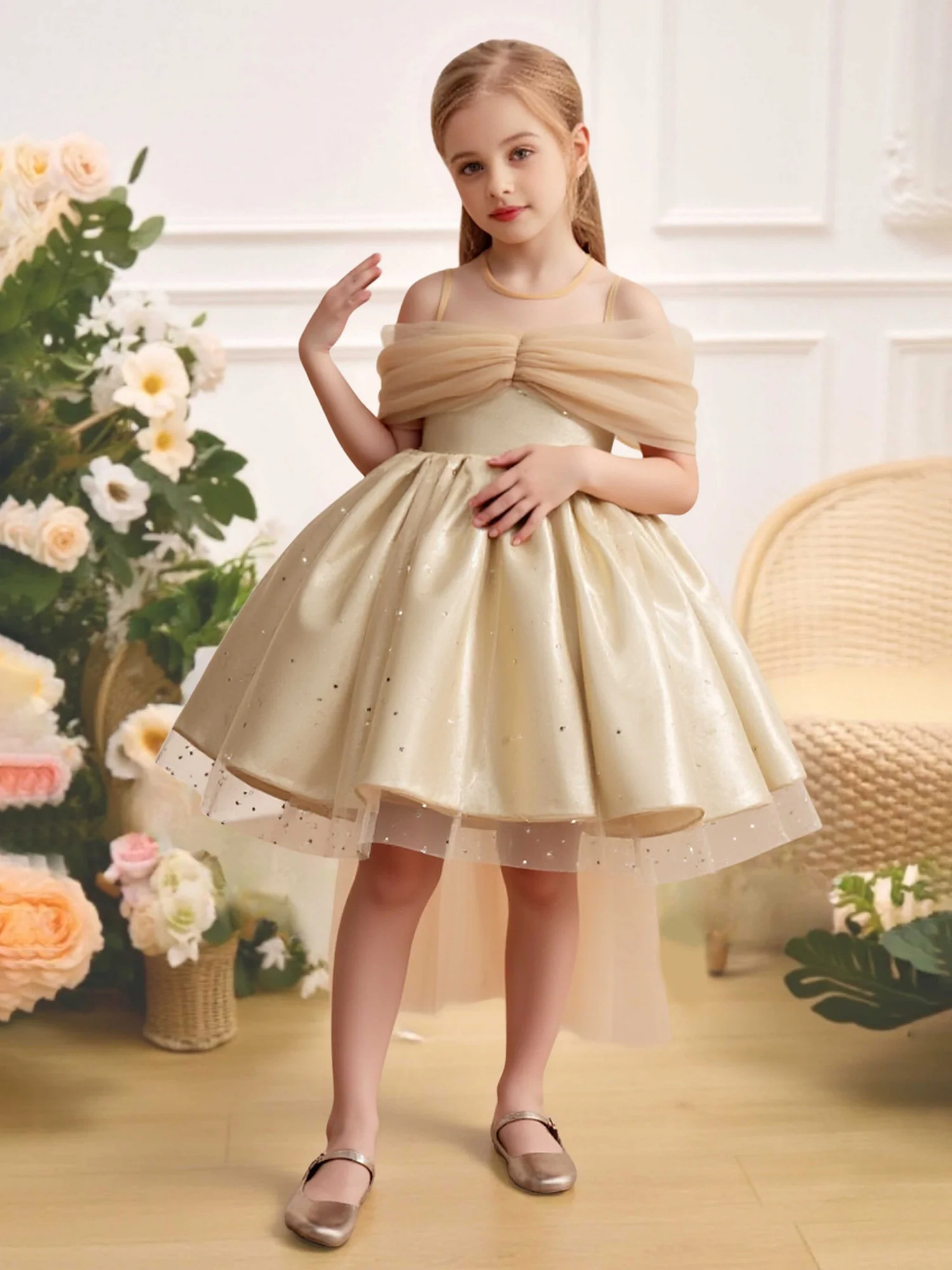Off-Shoulder Tulle Bow High-Low Flower Girl Dress Champagne
