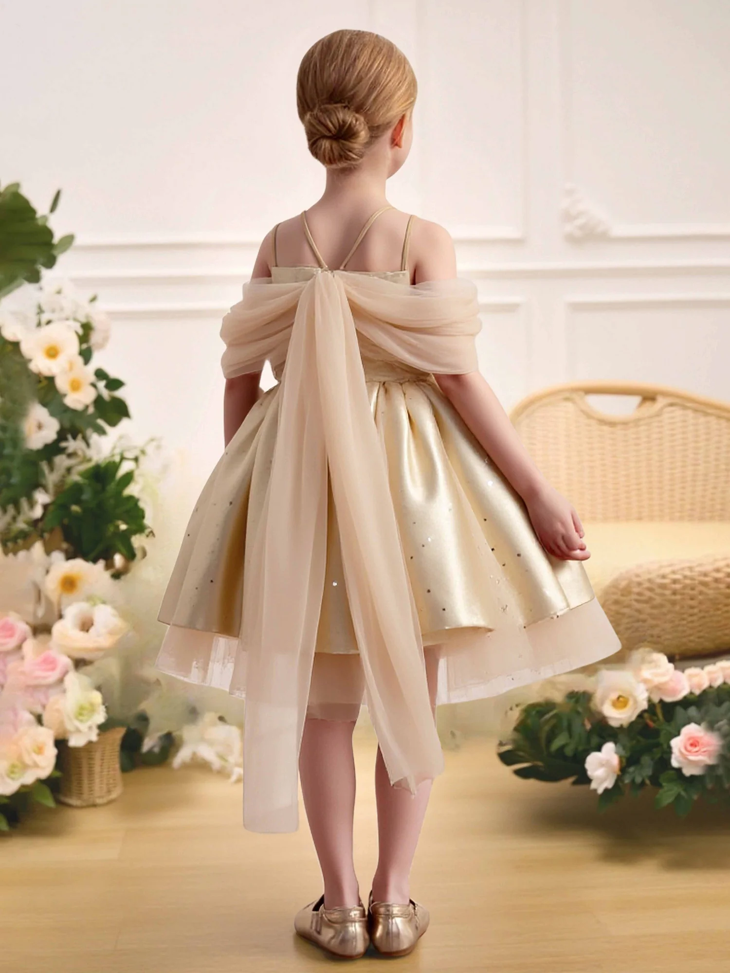 Off-Shoulder Tulle Bow High-Low Flower Girl Dress Champagne - Image 2