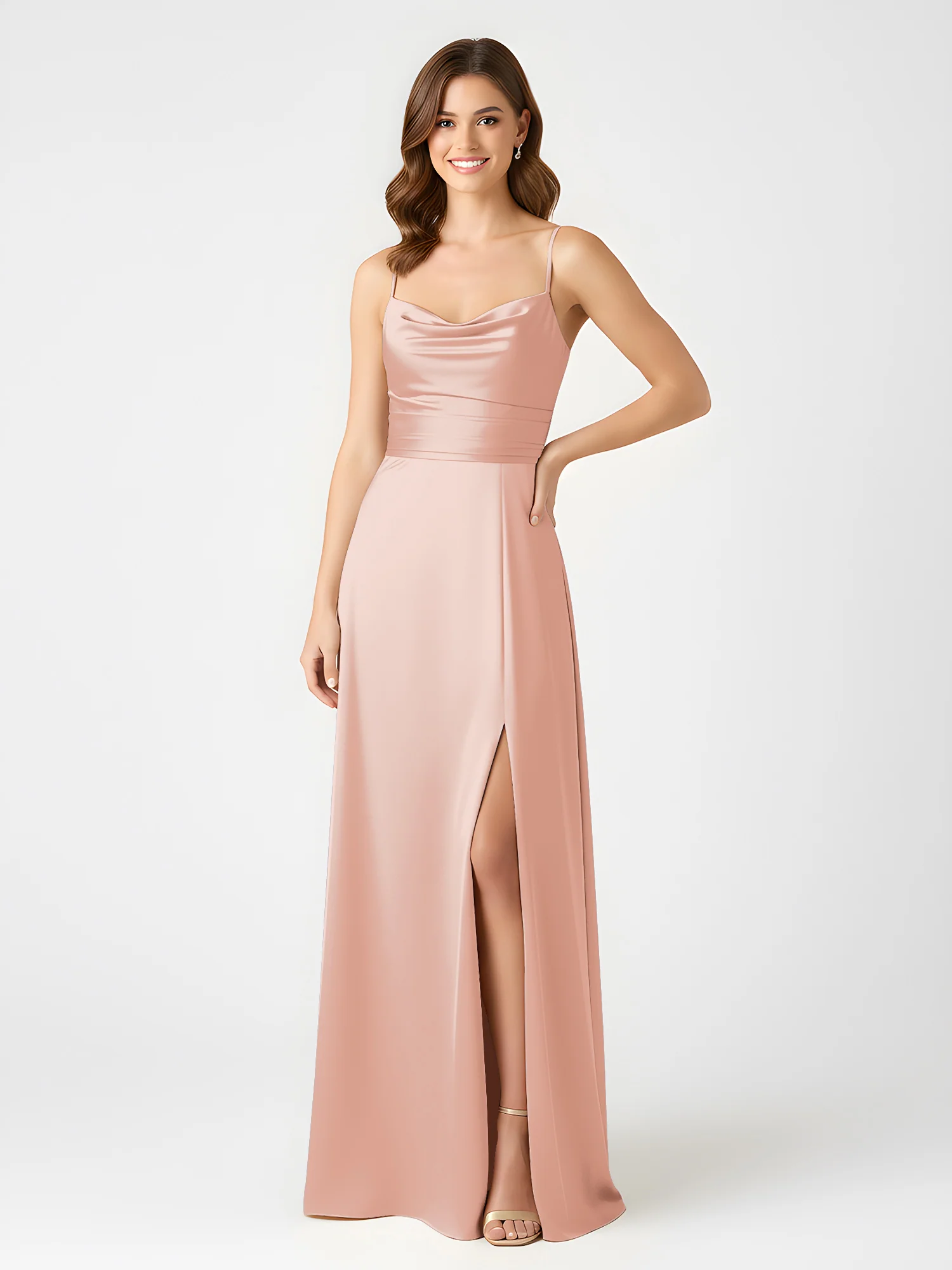 Cowl Neck Spaghetti Strap Acetate Satin Gown with Slit Blushing Pink - Image 3