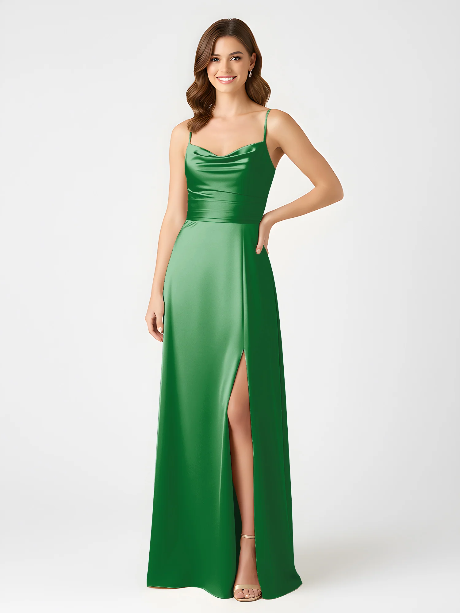 Cowl Neck Spaghetti Strap Acetate Satin Gown with Slit Emerald - Image 3