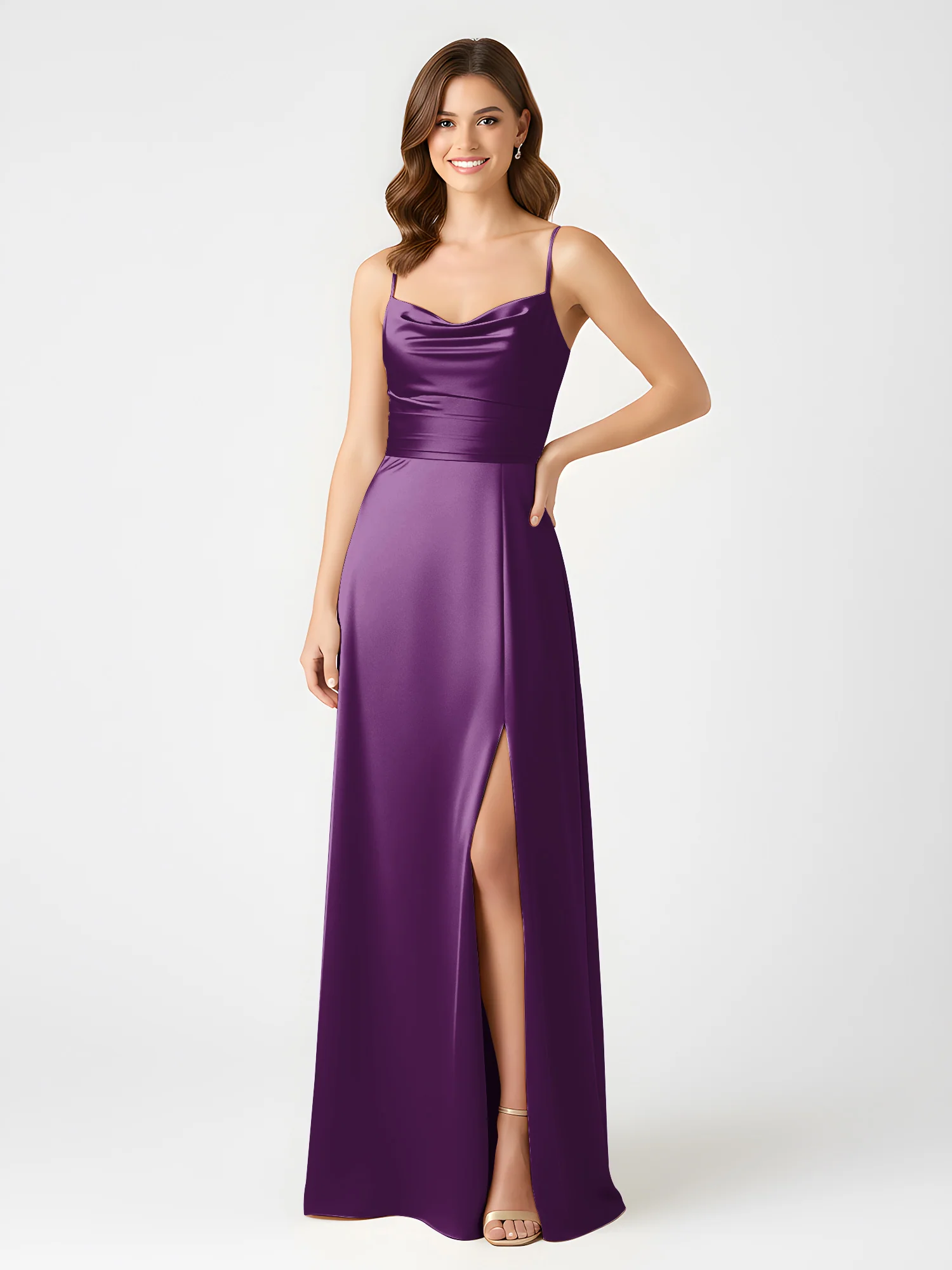 Cowl Neck Spaghetti Strap Acetate Satin Gown with Slit Grape - Image 3