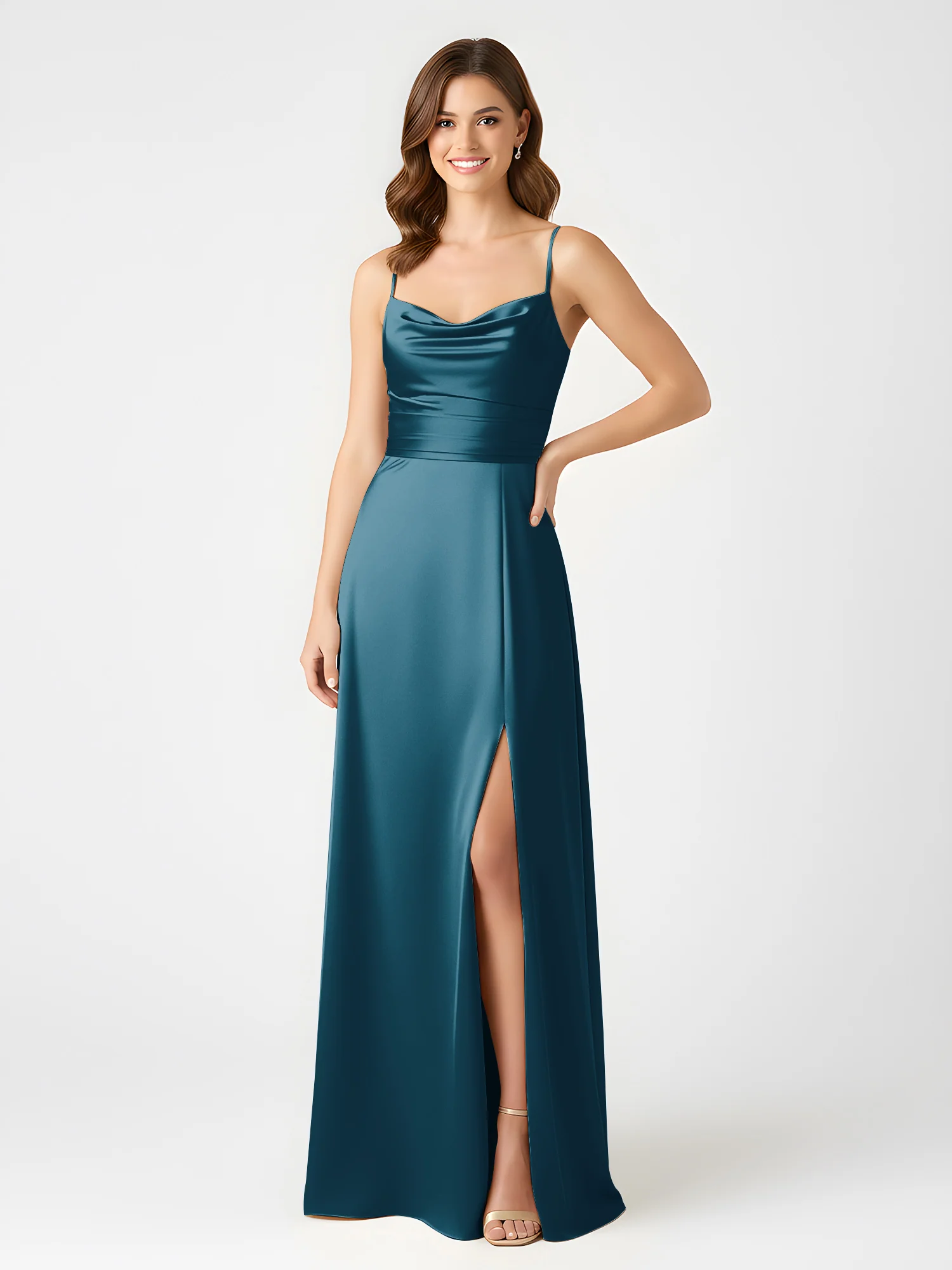 Cowl Neck Spaghetti Strap Acetate Satin Gown with Slit Ink Blue - Image 3