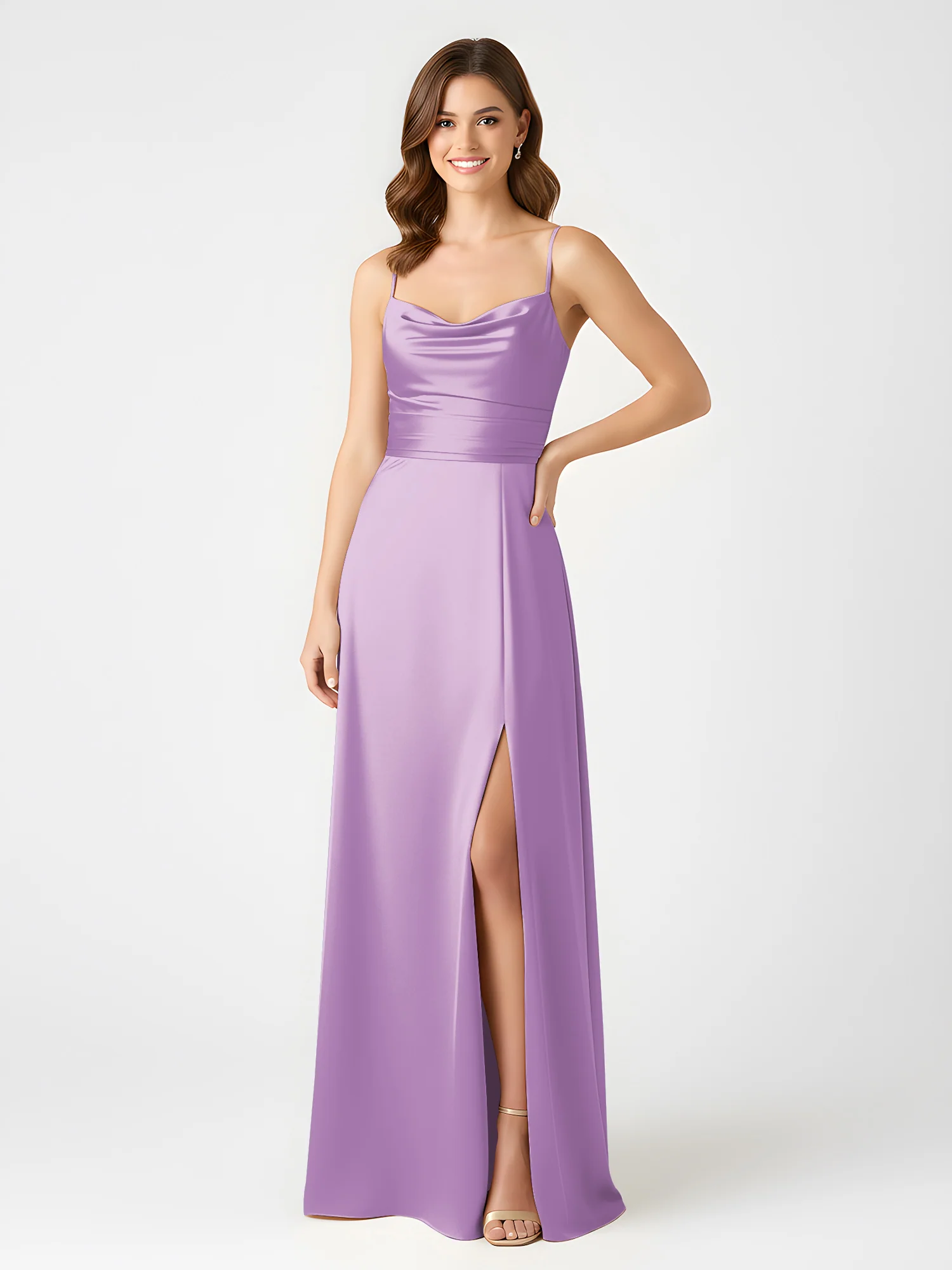 Cowl Neck Spaghetti Strap Acetate Satin Gown with Slit Lilac - Image 3