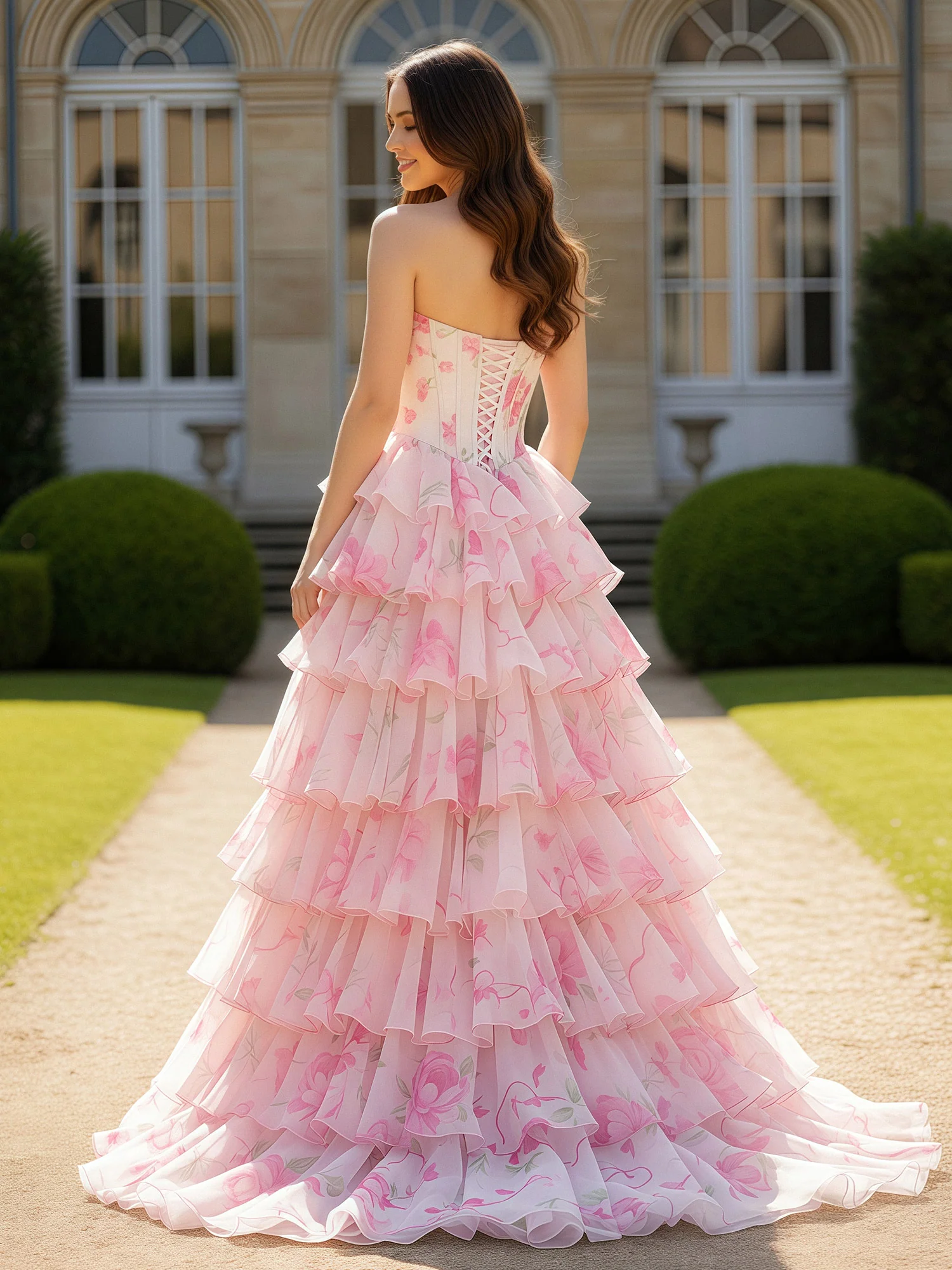 Chiffon Ruffle Sweetheart Floral Prom Dress With Sweep Train As Picture - Image 2