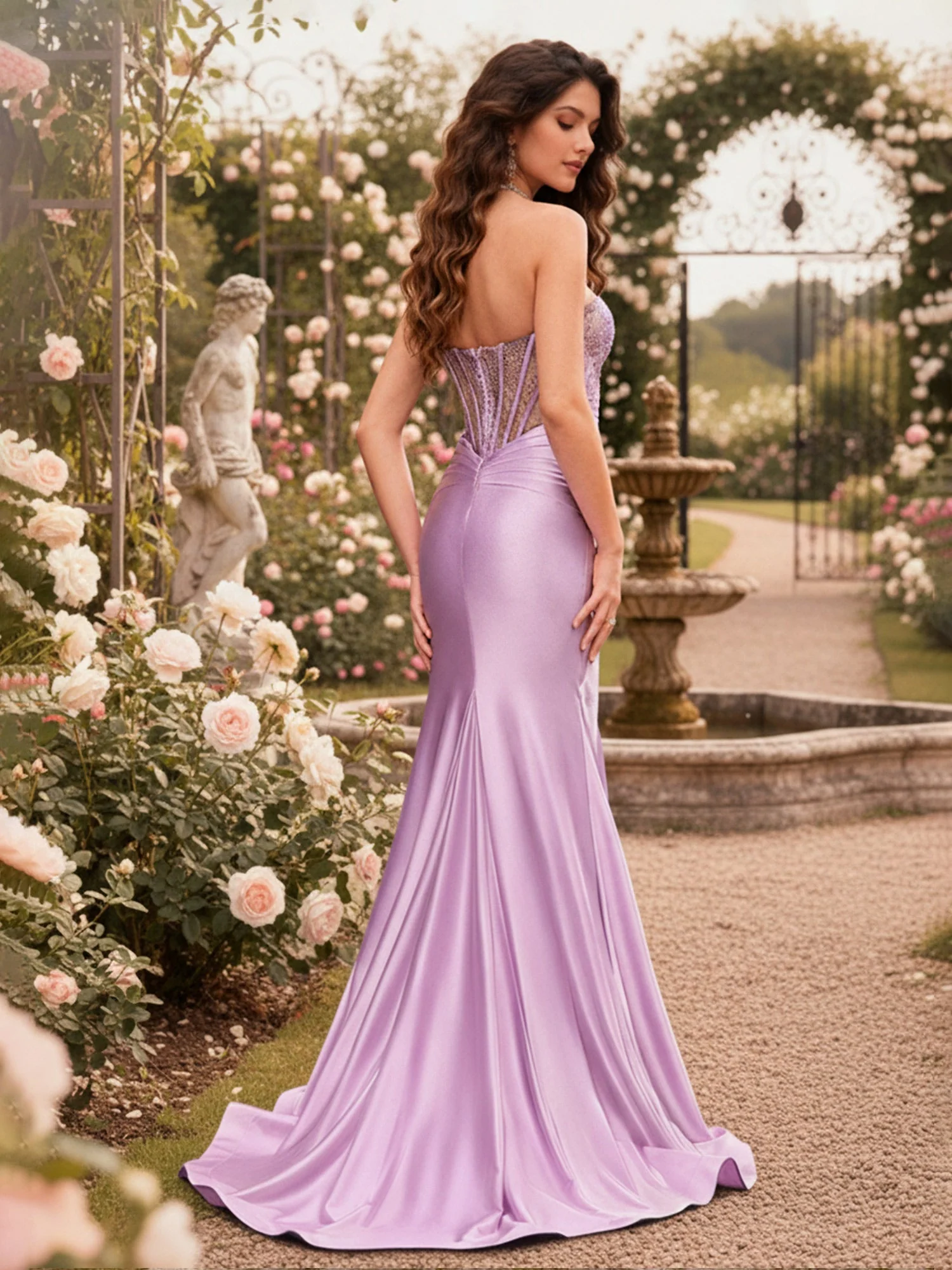 Strapless Beaded Sheer Corset Mermaid Dress Silver - Image 2
