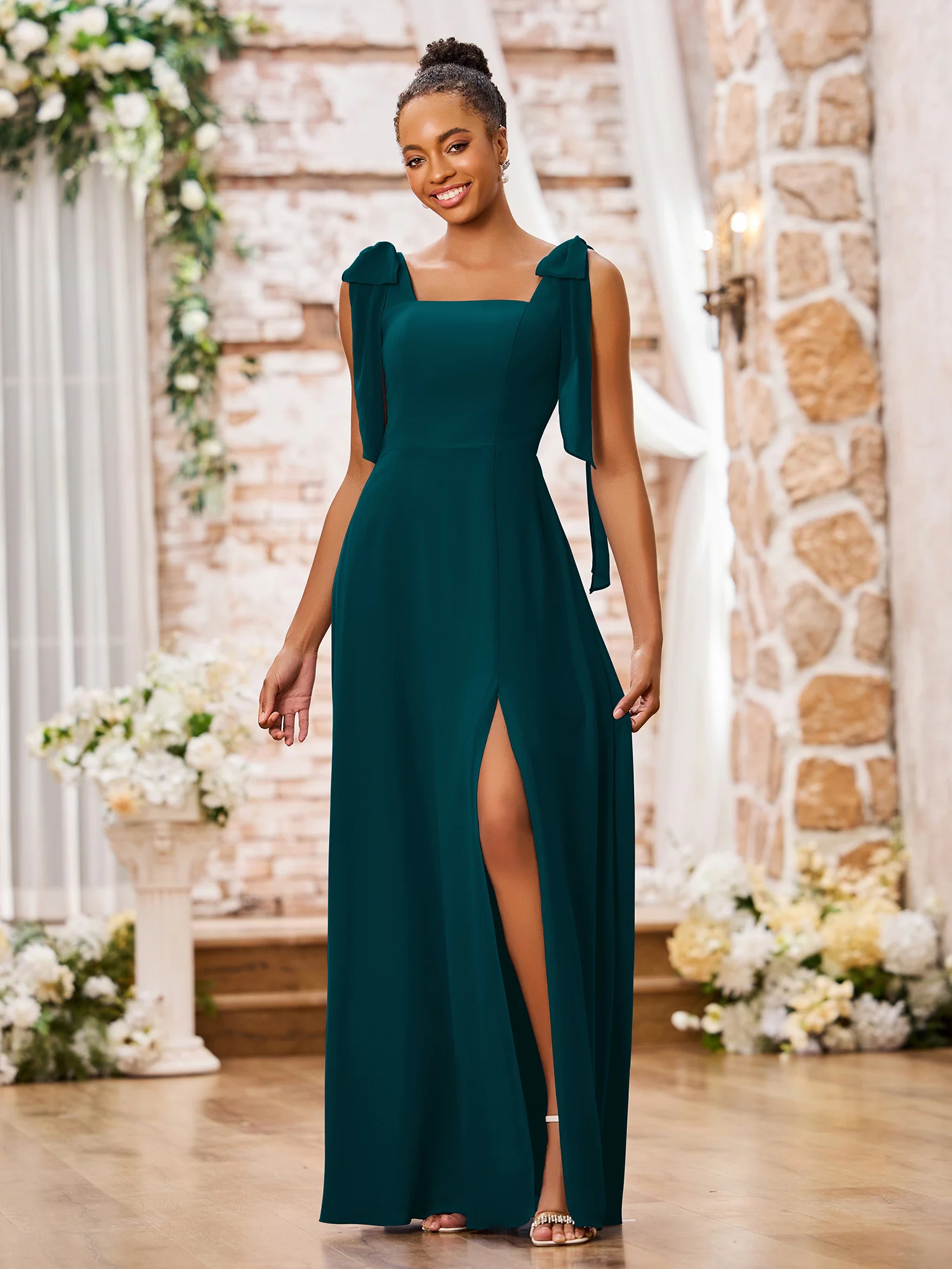 Double Bows Straps Square Neck Chiffon Dresses with Slit Pine
