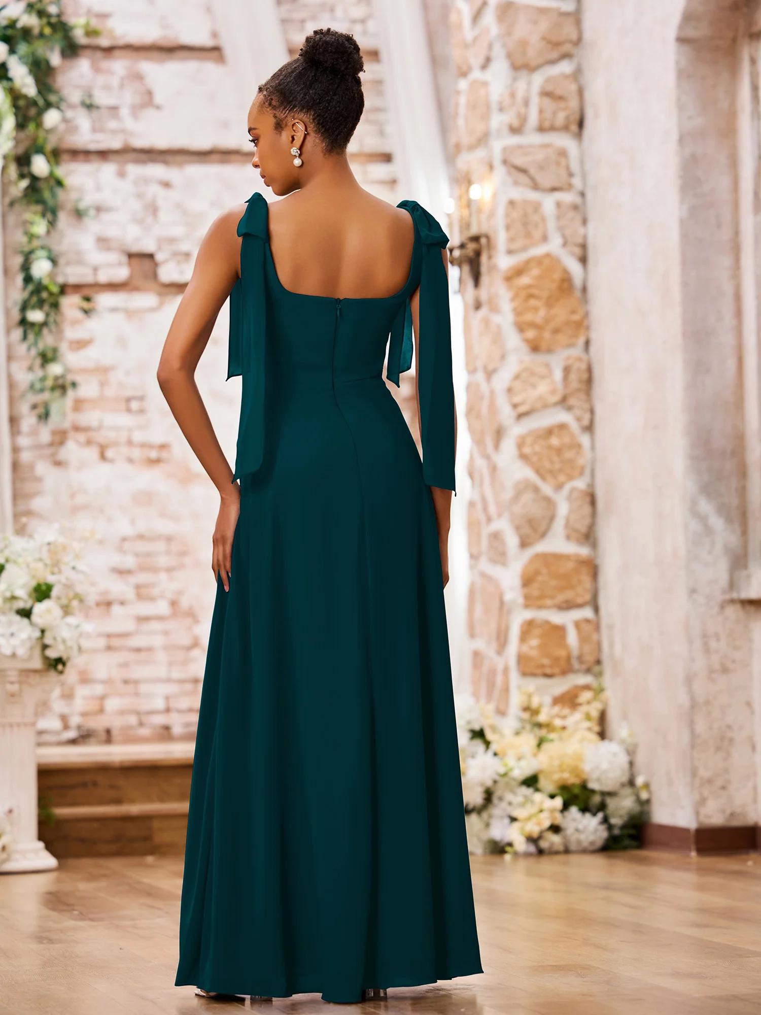 Double Bows Straps Square Neck Chiffon Dresses with Slit Pine - Image 2