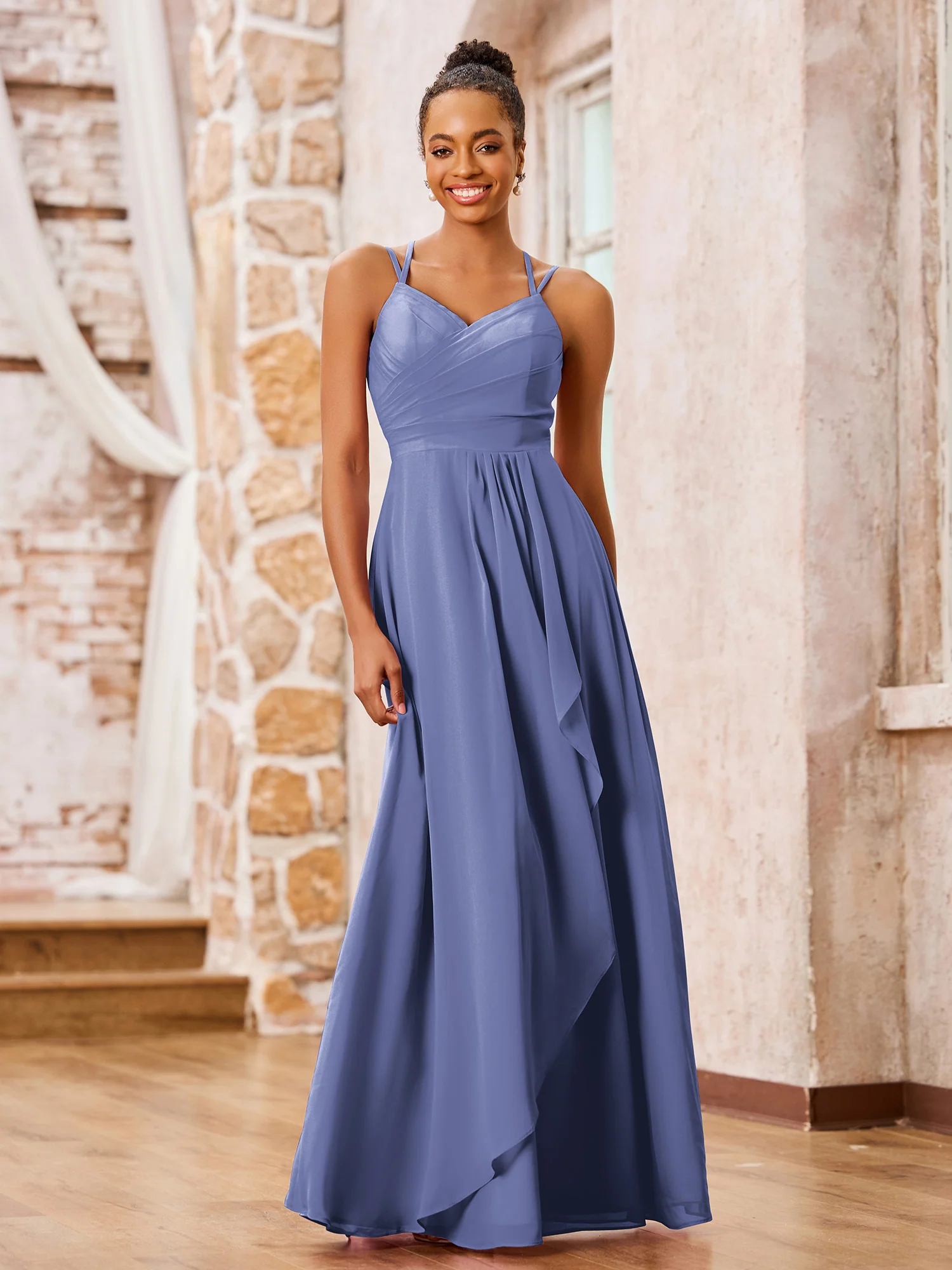 Double Spaghetti Straps Chiffon Bridesmaid Dresses Periwinkle