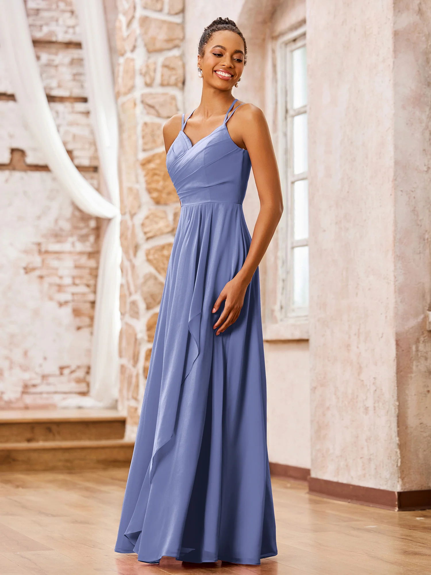Double Spaghetti Straps Chiffon Bridesmaid Dresses Periwinkle - Image 3
