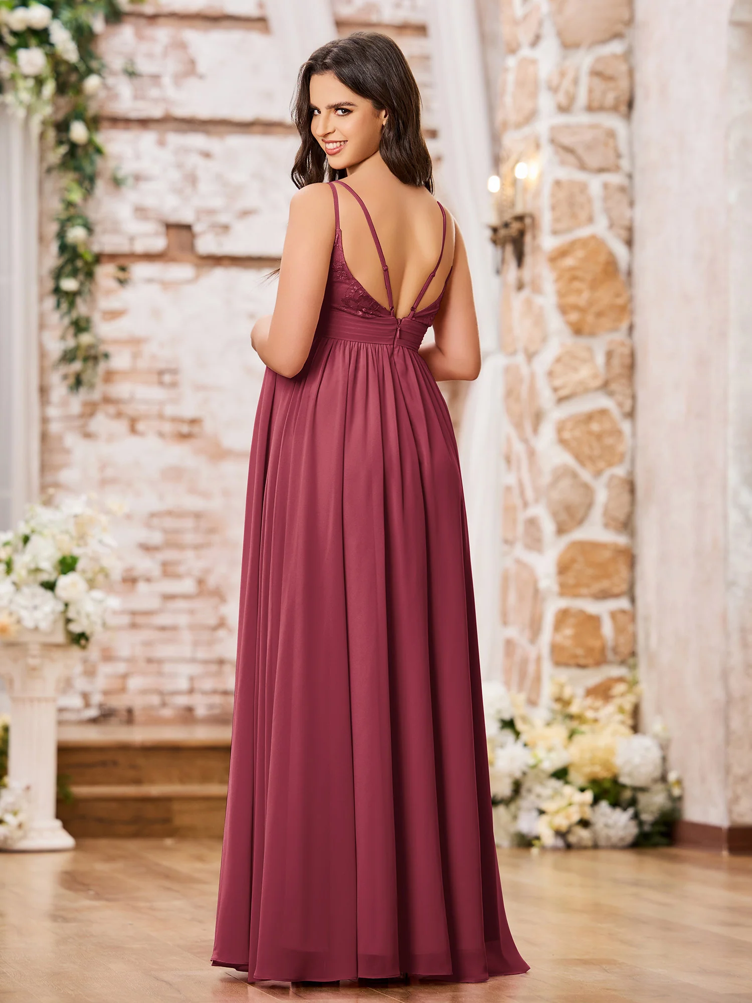 Double Spaghetti Straps Chiffon Maxi Empire Dresses Cinnamon Rose - Image 2
