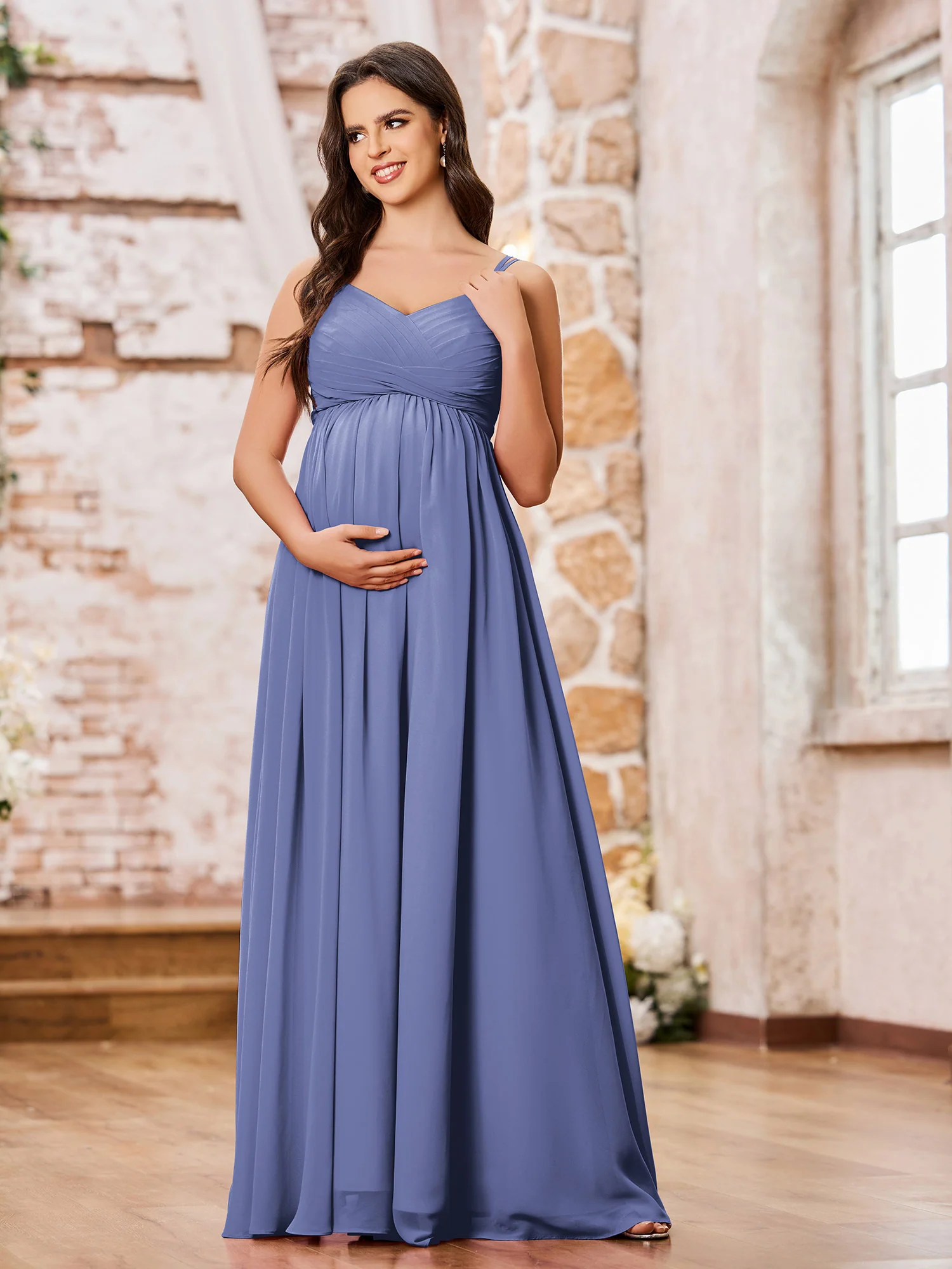 Double Spaghetti Straps Chiffon Maxi Empire Dresses Periwinkle