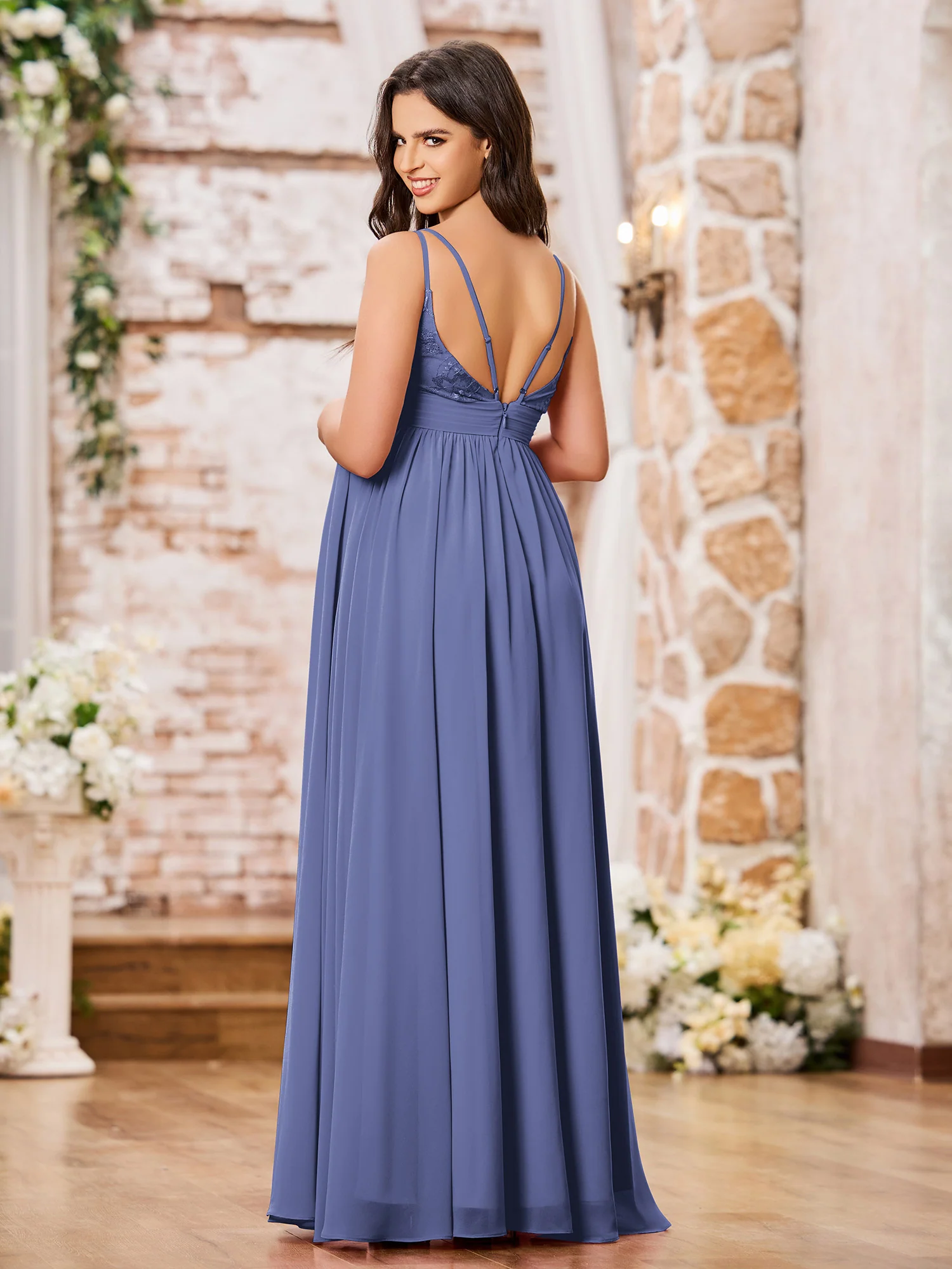 Double Spaghetti Straps Chiffon Maxi Empire Dresses Periwinkle - Image 2