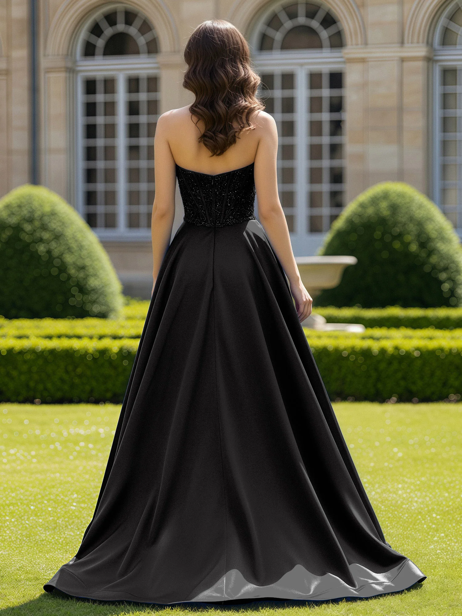 Satin Strapless Ball Gown Appliqued Prom Dress With Sweep Train Black - Image 2