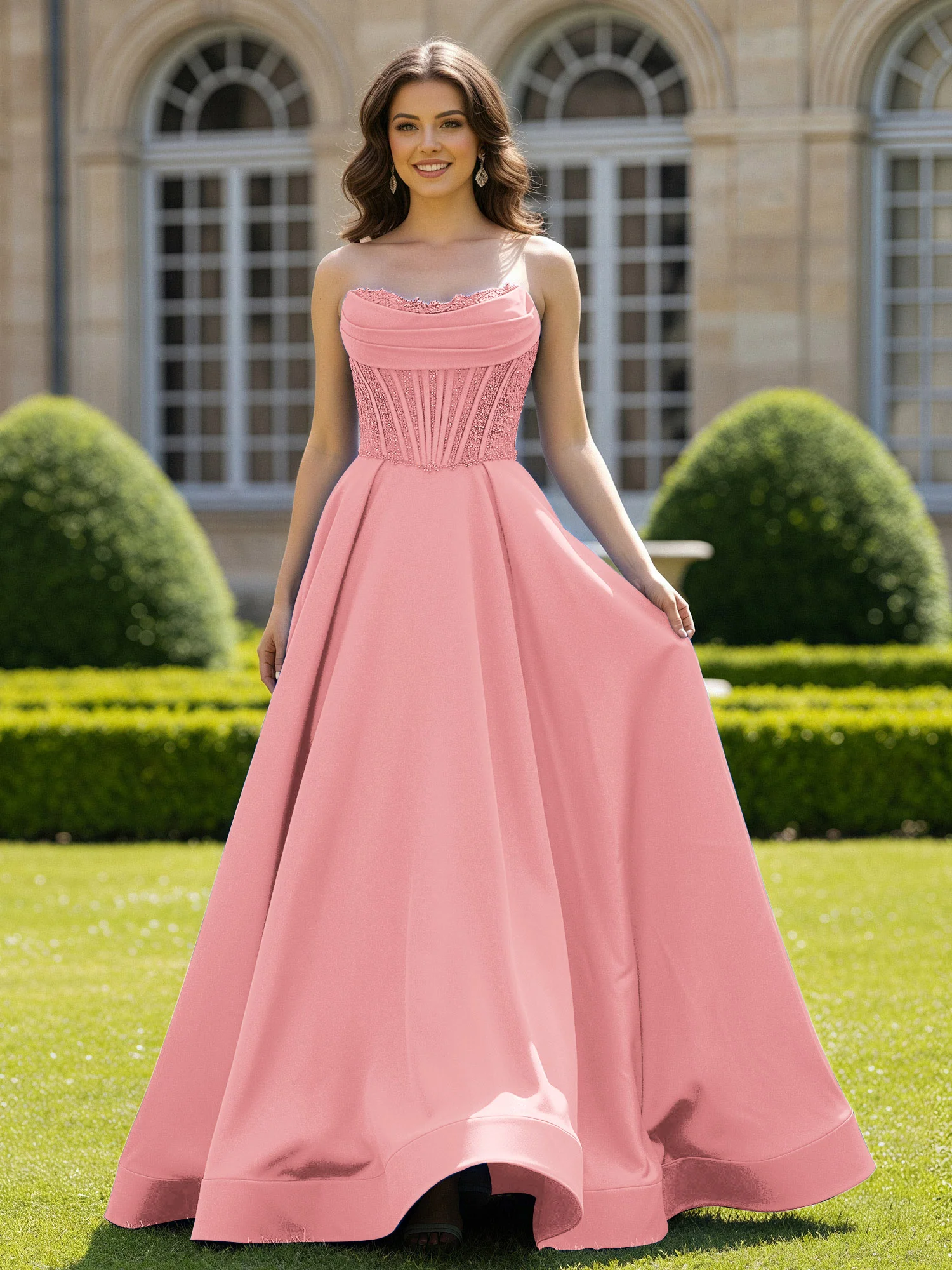 Satin Strapless Ball Gown Appliqued Prom Dress With Sweep Train Flamingo