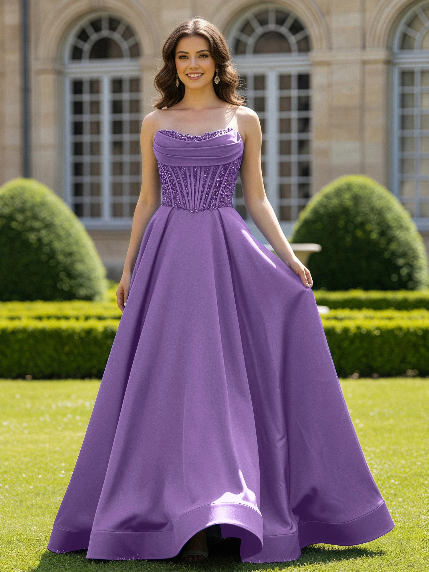 Satin Strapless Ball Gown Appliqued Prom Dress With Sweep Train Tahiti