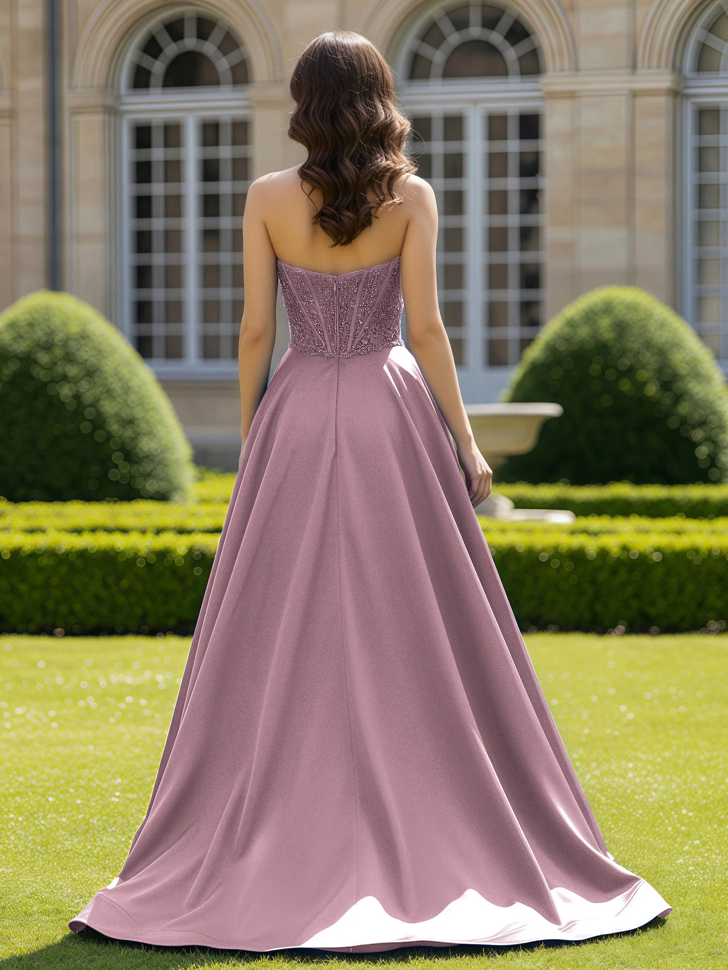 Satin Strapless Ball Gown Appliqued Prom Dress With Sweep Train Vintage Mauve - Image 2