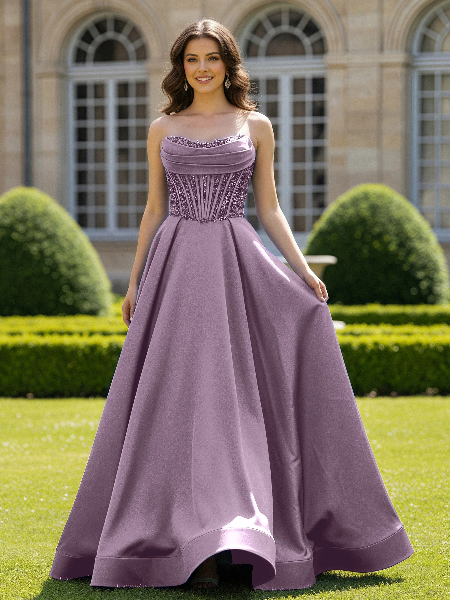 Satin Strapless Ball Gown Appliqued Prom Dress With Sweep Train Wisteria