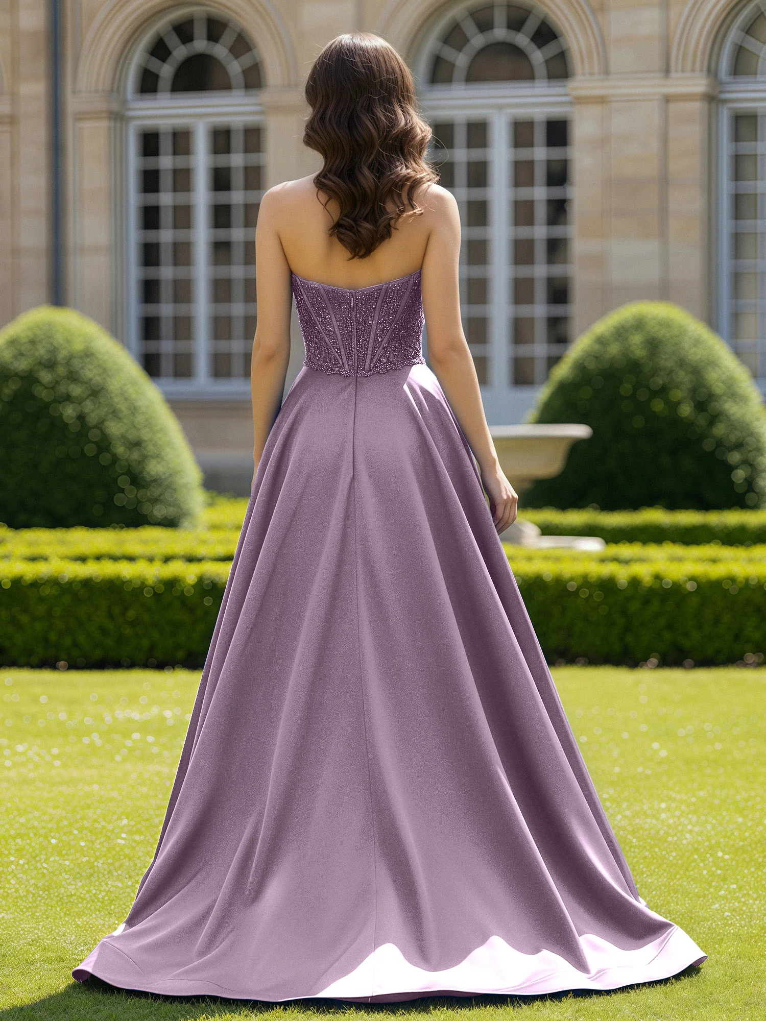 Satin Strapless Ball Gown Appliqued Prom Dress With Sweep Train Wisteria - Image 2